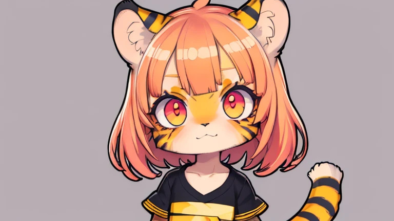 (obra maestra, Alta calidad, mejor calidad, 8K, high resolution), ((estilo chibii, Chibi lindo)), (solo, 1 girl), {Tiger Girl, cara de tigre, 2 colmillos, long eyelashes, delineador de ojos} {bigotes de tigre}, (((Piel de tigre por todo el cuerpo., Rayas de tigre en el cuerpo.))), (pelo naranja), cabello corto, Pinza para el cabello, [[Pinza para el cabello white flower on hair]], ((Muy feliz)), ((boca abierta)), ojos naranjas, [pupilas negras], ((buscando)), (very small breasts), brazos delgados, (un brazo arriba, un brazo hacia abajo), axilas, ((mini camiseta rosa, camiseta rosa completa)), {shorts blancos}, {{{mini cola de tigre, Cola en la espalda}}}, (cuerpo completo), (((de pie, jump angle))), dynamic pose, Fondo blanco, fondo sencillo, ((((Estilo Tora-chan no Hanayome)))), (old anime style 40s), estilo animado, anime color.