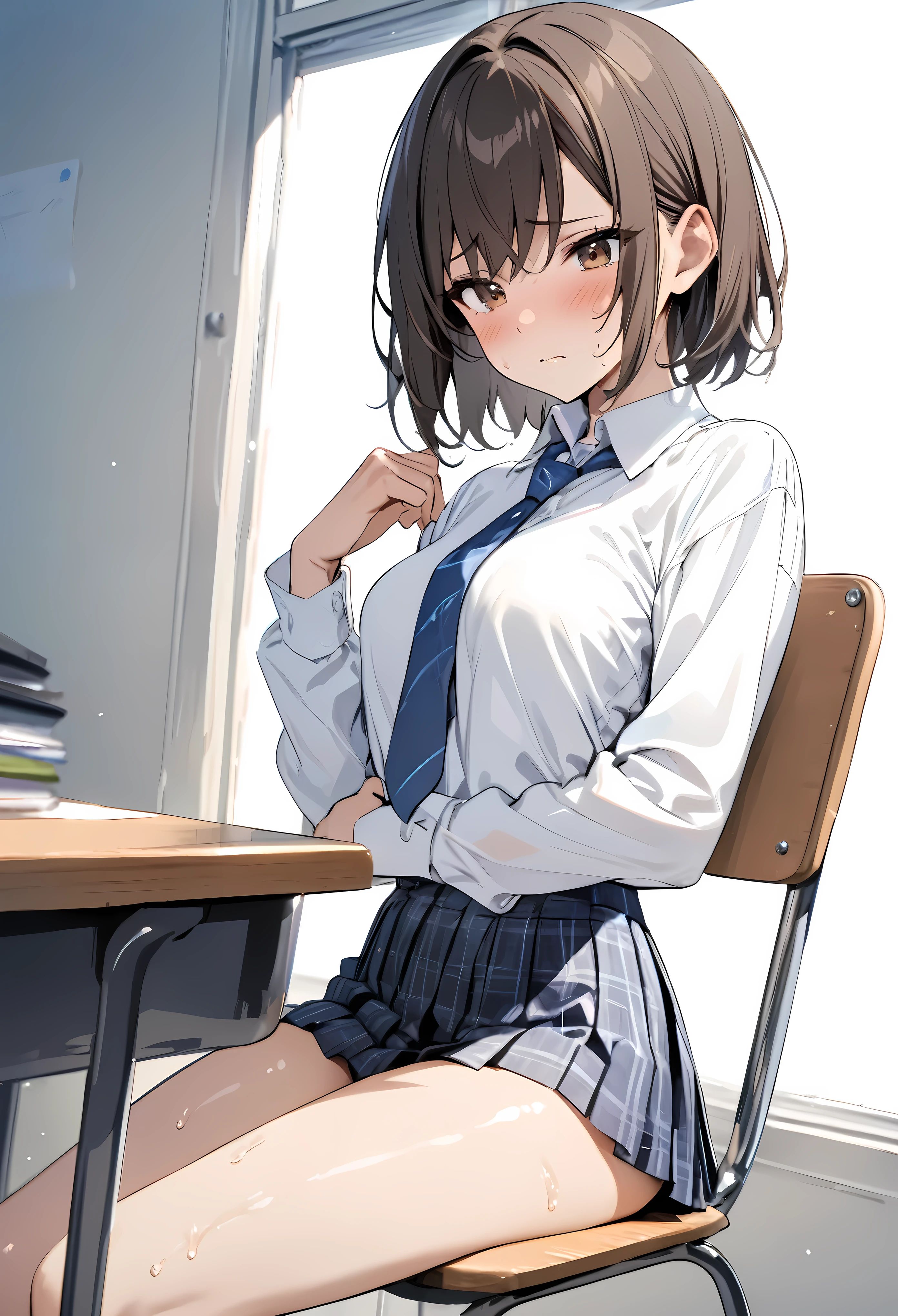 ((masterpiece, highest quality:1.2)),cowboy shot,16 year old beauty,solo,dark brown hair,short bob hair,brown eyes,blunt,skinny,medium breasts,toned body,skinny,shiny skin,oily skin,sad, BREAK , Wearing 、White long sleeve shirt、Blue tie、Navy blue checkered pleated mini skirt, BREAK ,sitting,Simple desk、Simple chair、During class、classroom、School、Daytime、