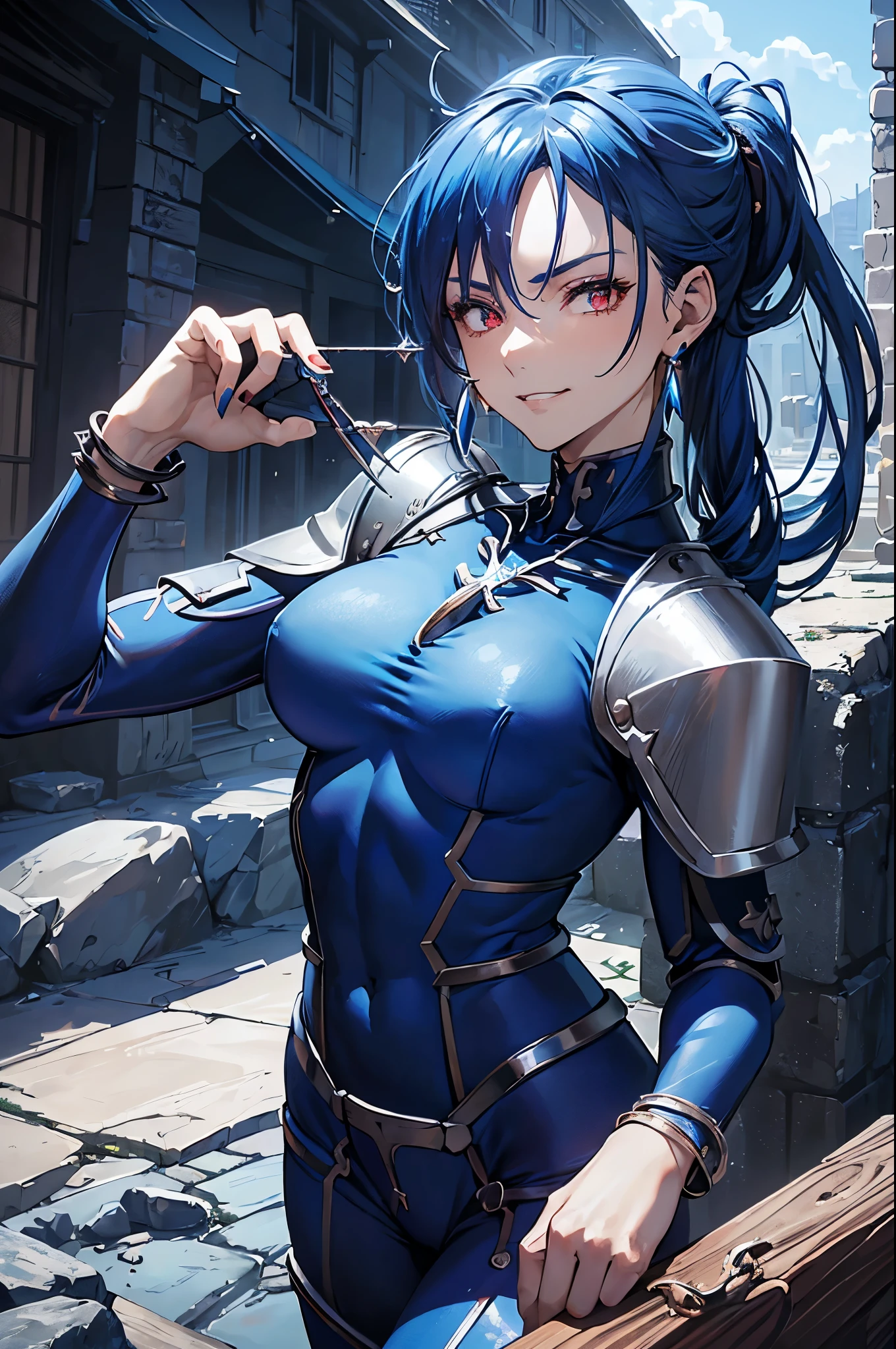 (masterpiece, best quality:1.2), expressive eyes, perfect face, highres, 1girl, solo, (female:1.5), cu chulainn - lancer (fate), blue hair, long hair, spiked hair, low ponytail, red eyes, (blue bodysuit:1.5), bracelet, earrings, jewelry, necklace, shoulder armor, landscape, smirk, standing, cowboy shot, looking at the viewer