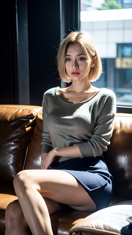 (Best quality, 8k, 32k, Masterpiece, UHD:1.2),Photo of beautiful Russian European woman, big breasts,Short blonde Asymmetrical Haircut,upper body,face focus,blue eyes,gray thin knitwear with tight mini side cut skirt ,sitting on the sofa sensually , indoor at night club party , bright lighting ambience atmosphere ,low angle ,view towards the viewer,
