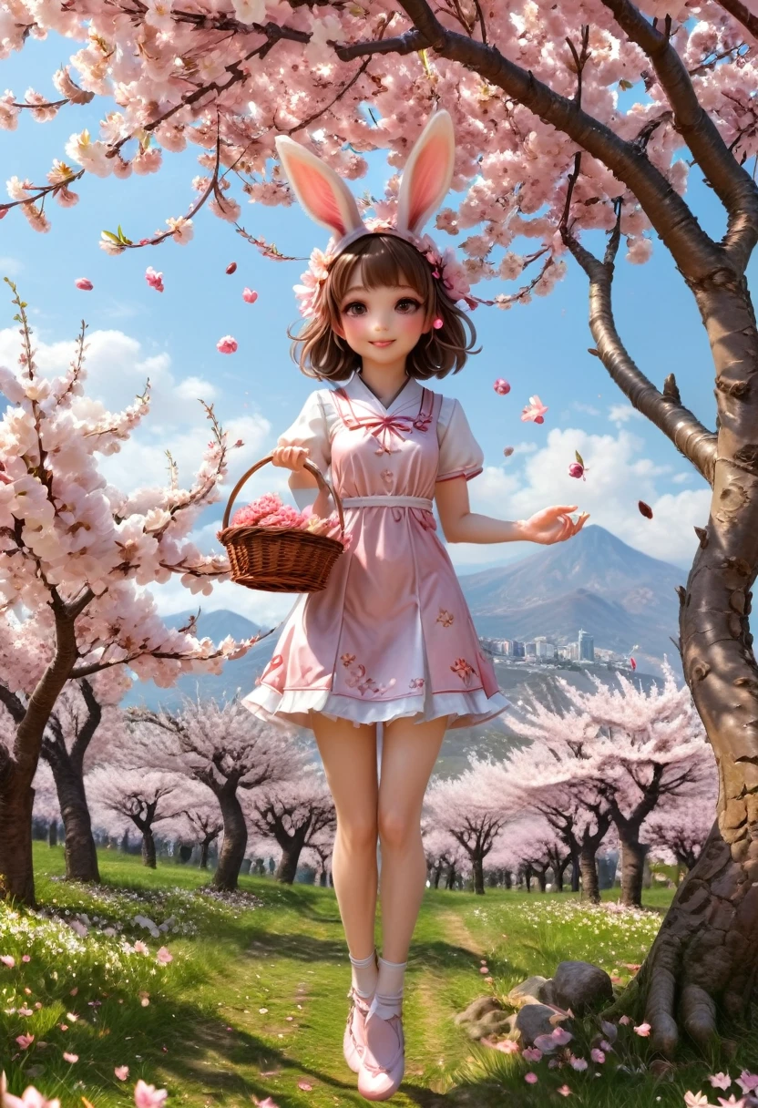 The rabbit eared girl jumps lightly under the blooming cherry blossom tree, with pink petals falling in the wind and gently rubbing against her furry long ears. She holds a flower basket and carefully selects the most beautiful flowers, (masterpiece, best quality, Professional, perfect composition, very aesthetic, absurdres, ultra-detailed, intricate details:1.3)