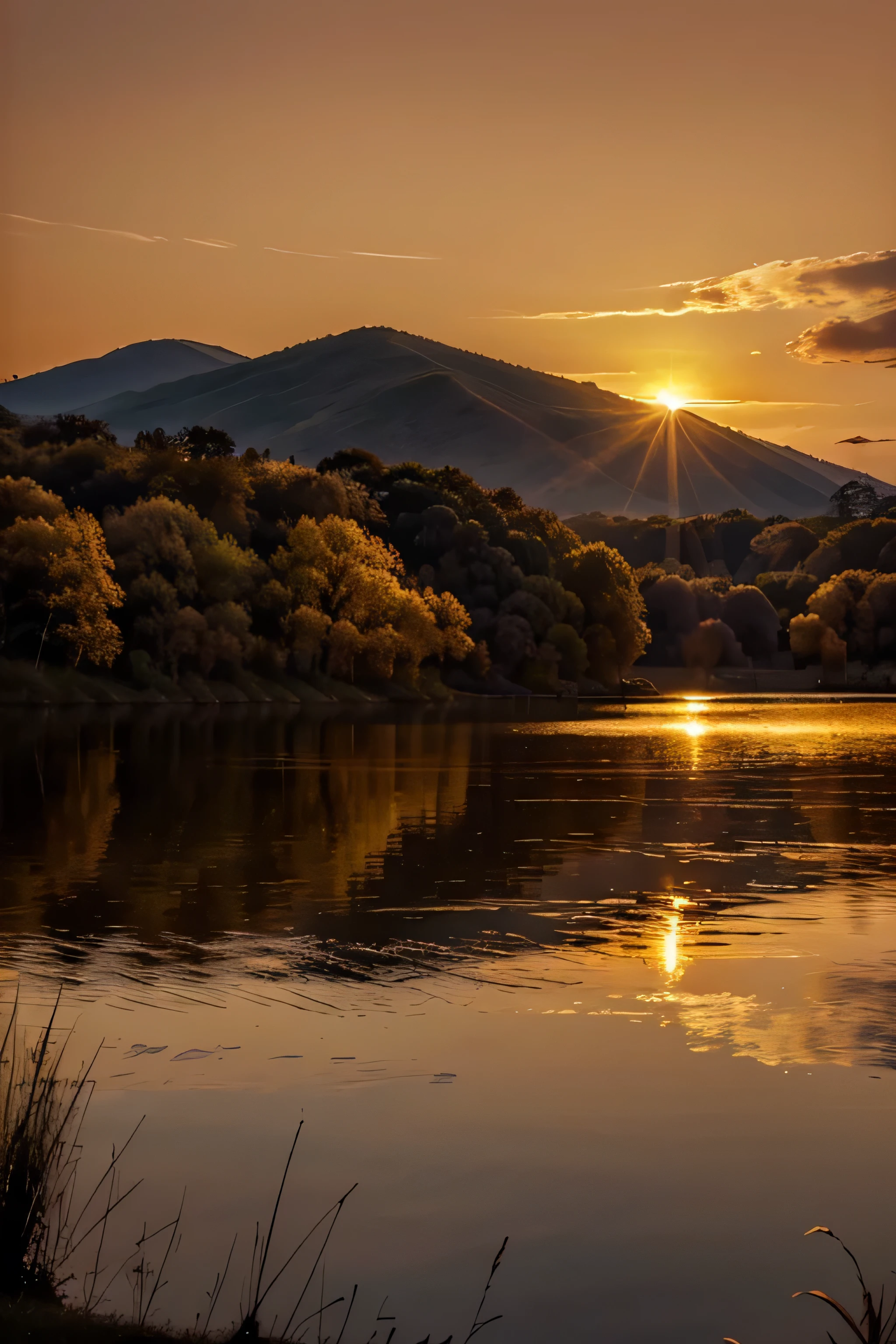 Create a stunning landscape of a sunset over an open field, with gentle hills and trees silhouetted against the orange and gold sky. No horizonte, as montanhas se destacam em tons de roxo e azul, while golden clouds float across the sky. The sun sets slowly, spreading its warm rays and creating golden reflections on the surface of a serene lake that stretches to the horizon