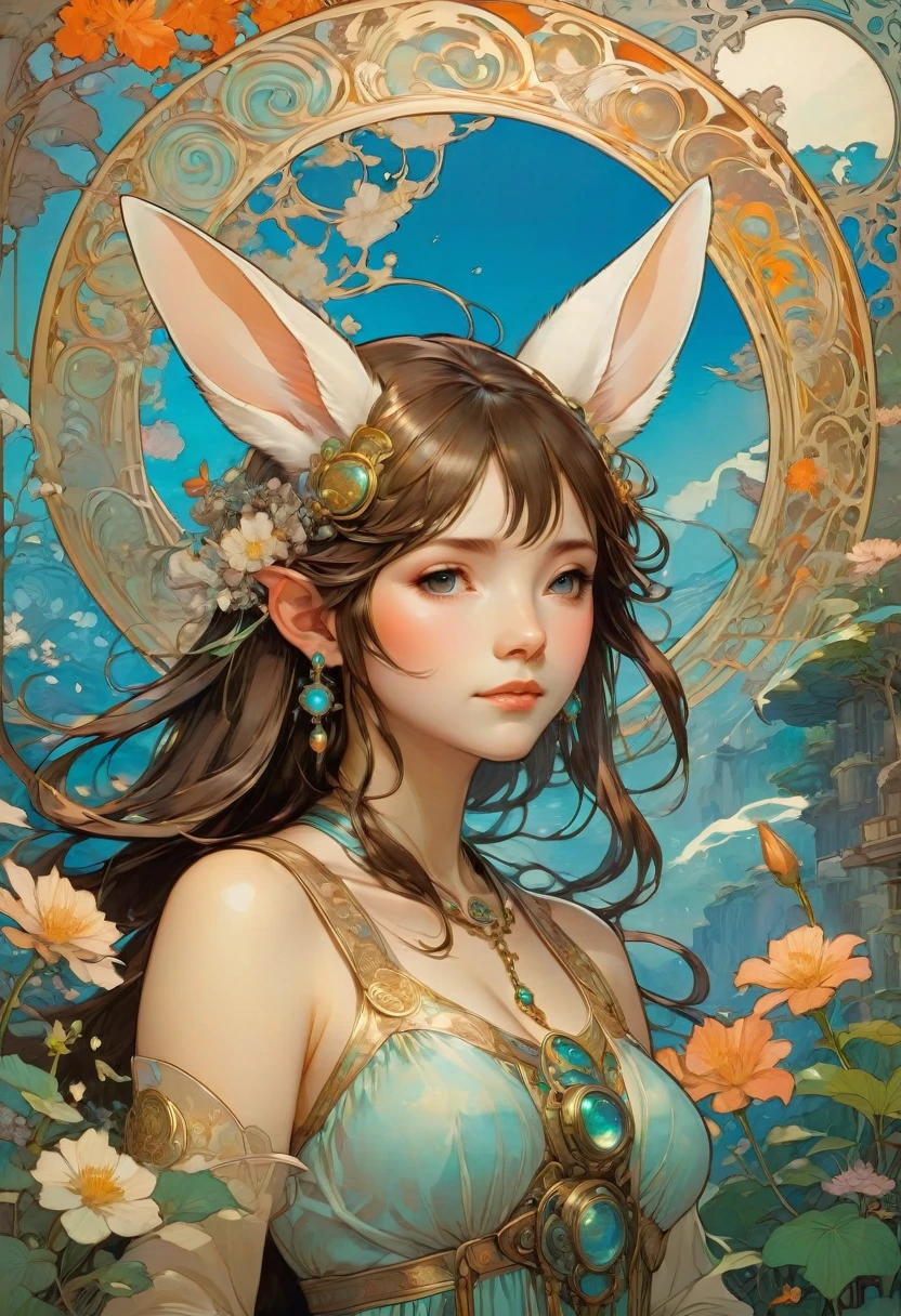 Rabbit Ears, by Studio Ghibli and Alphonse Mucha, best quality, masterpiece, very aesthetic, perfect composition, intricate details, ultra-detailed