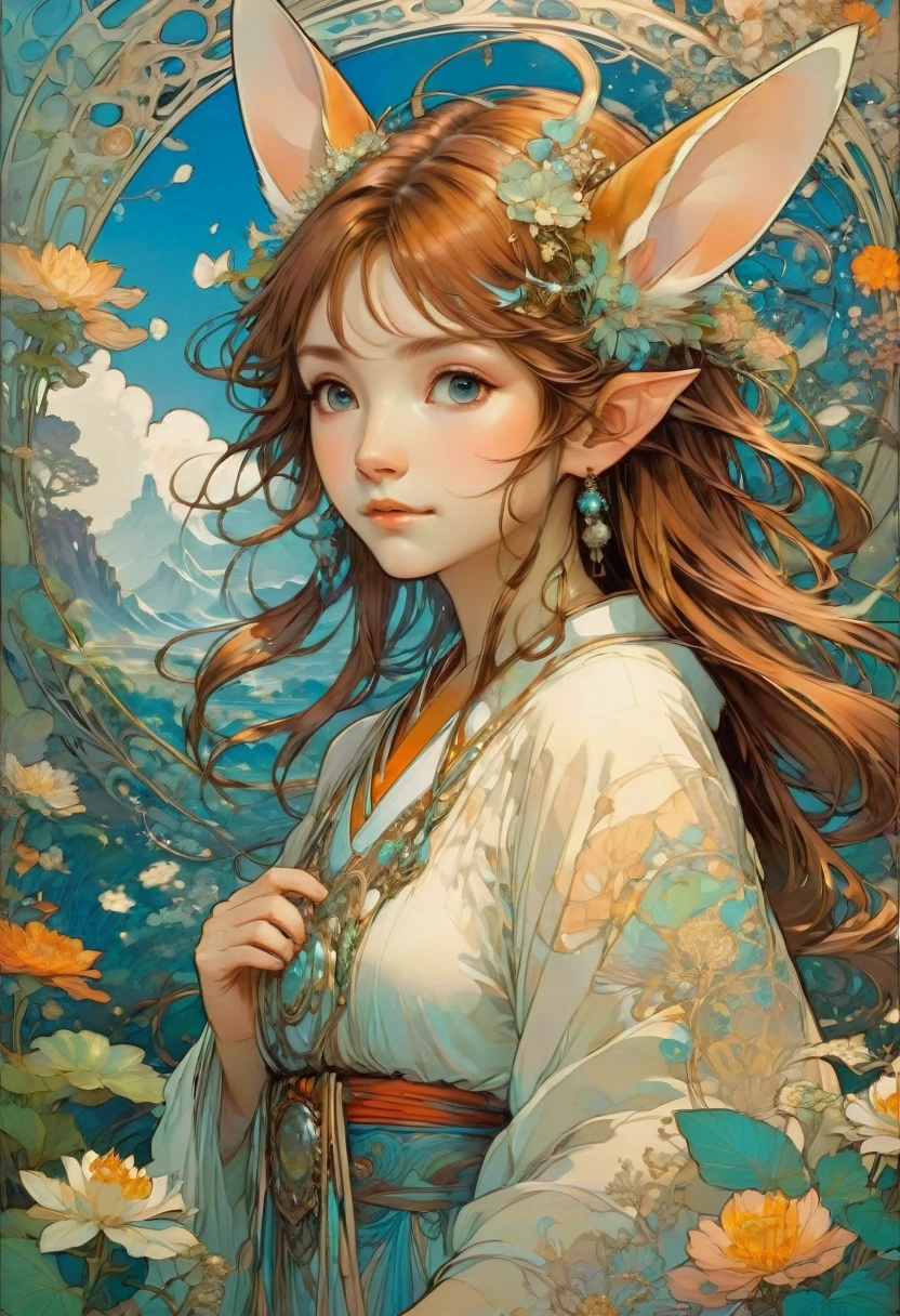 Rabbit Ears, by Studio Ghibli and Alphonse Mucha, best quality, masterpiece, very aesthetic, perfect composition, intricate details, ultra-detailed