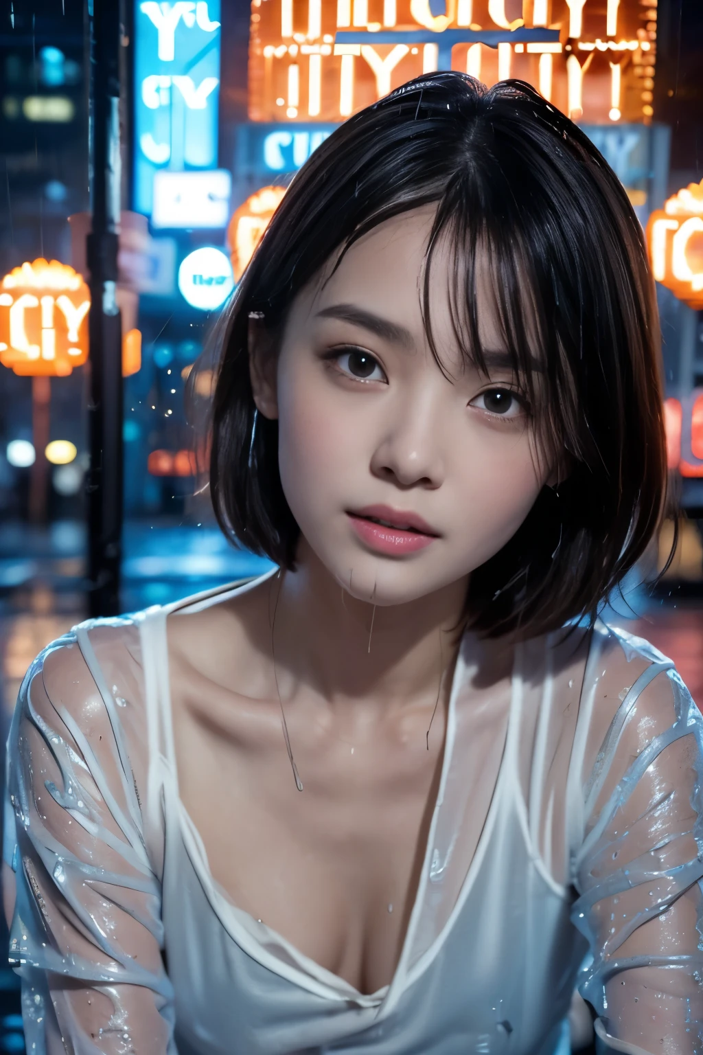 portrait, (extremely detailed CG, Extremely detailed CG, highly detailed wallpaper, RAW photo, highest quality, masterpiece:1.2), (realistic, Photoreal:1.1), (perfect anatomy:1.2), close up of face, Upper body, looking down, natural hands, natural eyes, Super detailed, 1 girl, super cute female student, Japanese, black eye, ************, close your mouth, slim waist, No umbrellas, ((rainy evening:1.6)), ((radio city:1.6)), rainy city, (short hair:1.5), , beautiful and detailed eyes, shining brown hair, boredom, epic and emotional movie lighting