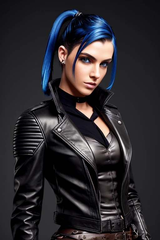 Gorgeous european steampunk woman with very short straight hair in a high ponytail, wet hair, hair slicked back, combed straight back, slick hair, black to blue gradient hair, wearing a leather jacket with nothing underneath and mini skirt, solid dark black background