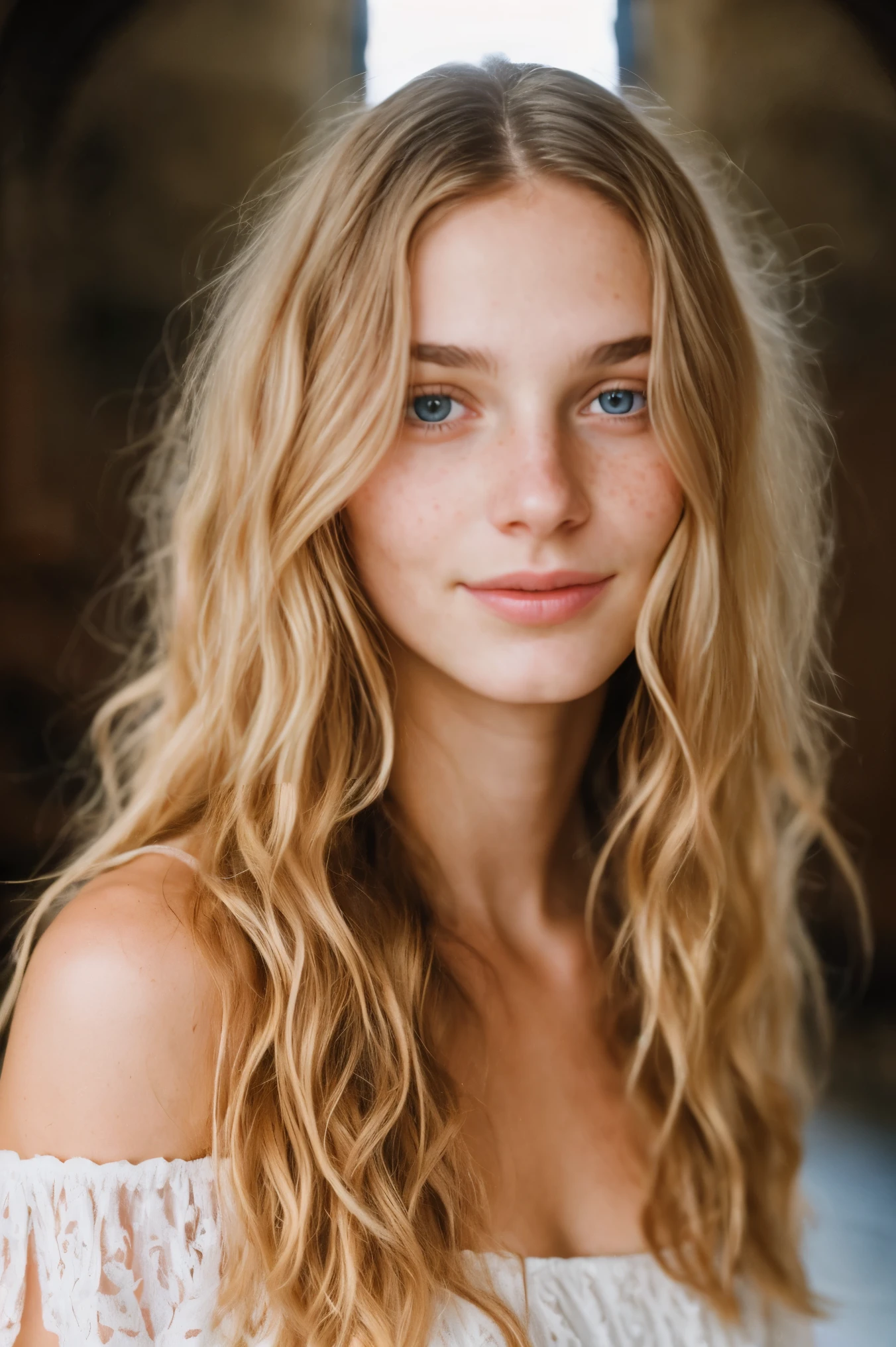 realistic photo of a 17-year-old girl, beautiful face, cute appearance, long wavy blonde hair with bangs, freckles, in an off-shoulder dress, standing in an old church, relaxed expression, brimming with emotion, interplay of contrast along with detailed light and shadow, depth of field, dark atmosphere with candlelight scenario,