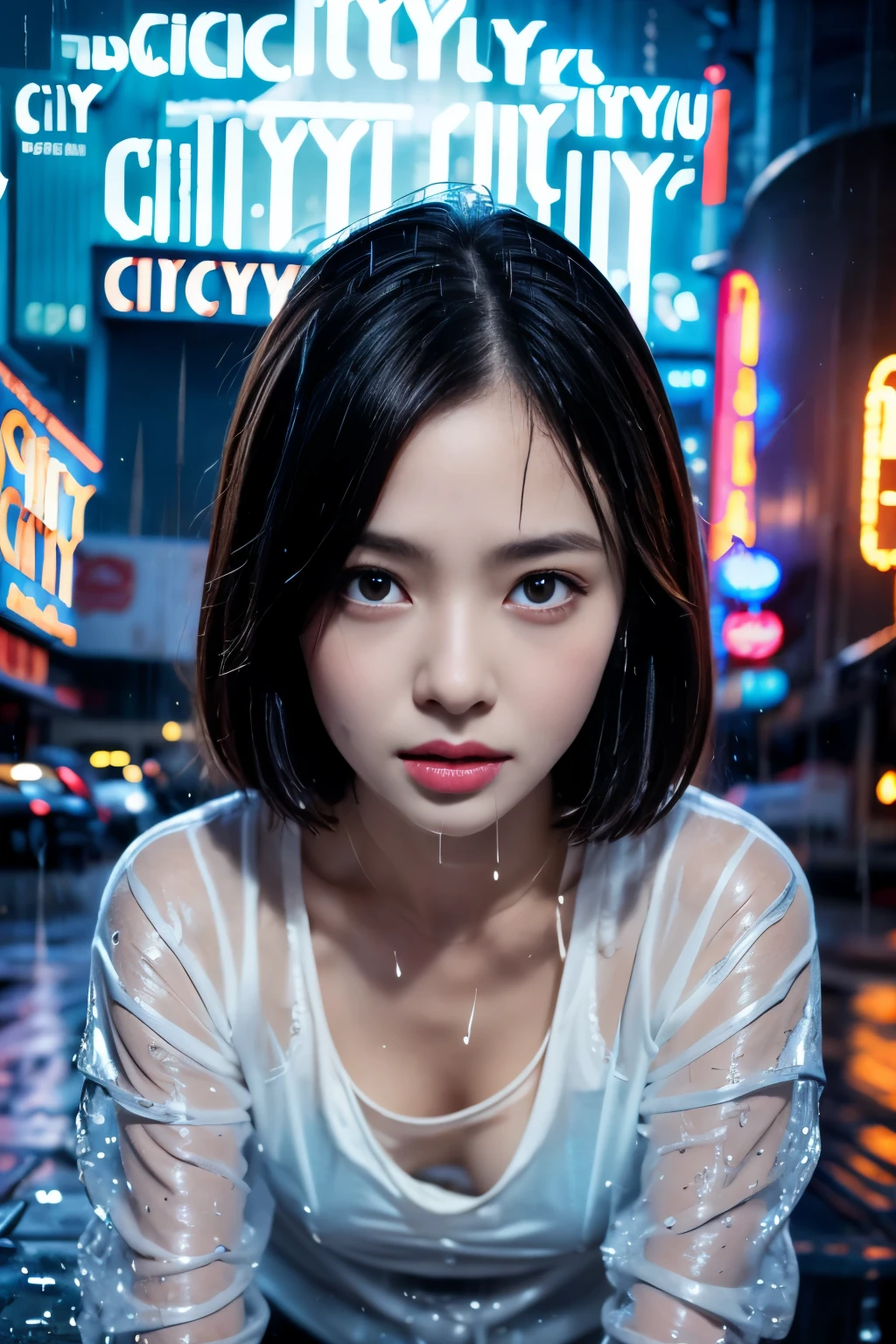 portrait, (extremely detailed CG, Extremely detailed CG, highly detailed wallpaper, RAW photo, highest quality, masterpiece:1.2), (realistic, Photoreal:1.1), (perfect anatomy:1.2), close up of face, Upper body, looking down, natural hands, natural eyes, Super detailed, 1 girl, super cute female student, Japanese, black eye, ************, close your mouth, slim waist, No umbrellas, ((rainy evening:1.6)), ((radio city:1.6)), rainy city, (short hair:1.5), , beautiful and detailed eyes, shining brown hair, boredom, epic and emotional movie lighting