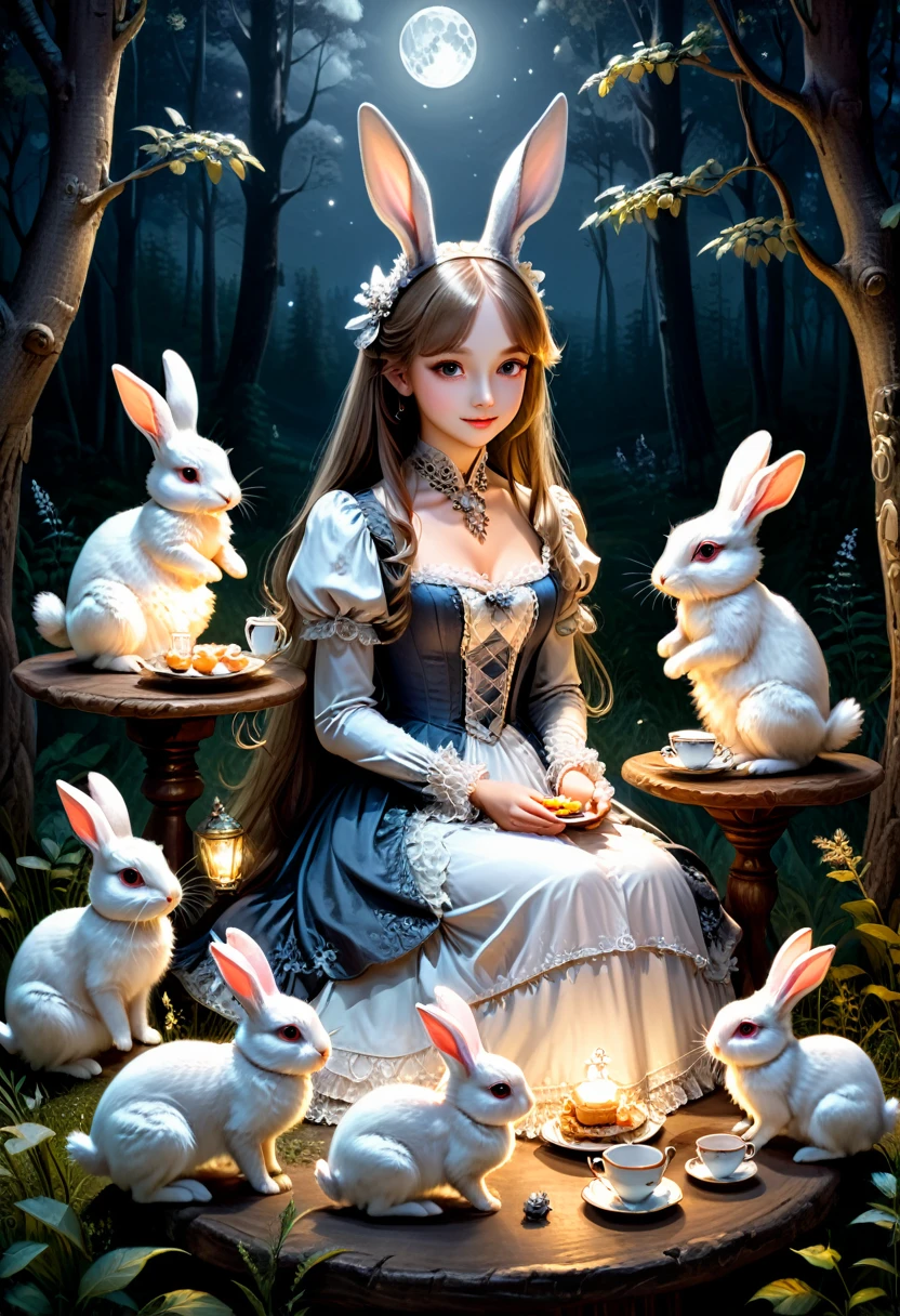 In a forest clearing illuminated by silver moonlight, the rabbit eared girl wears a gorgeous Victorian dress and hosts a dreamy night tea . Animal friends sit around, sharing this peaceful and beautiful time, (masterpiece, best quality, Professional, perfect composition, very aesthetic, absurdres, ultra-detailed, intricate details:1.3)