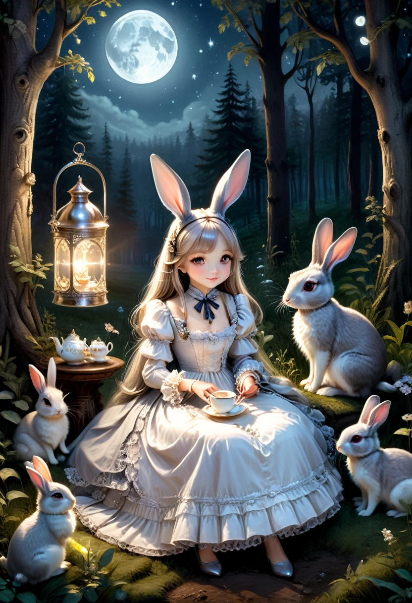 In a forest clearing illuminated by silver moonlight, the rabbit eared girl wears a gorgeous Victorian dress and hosts a dreamy night tea . Animal friends sit around, sharing this peaceful and beautiful time, (masterpiece, best quality, Professional, perfect composition, very aesthetic, absurdres, ultra-detailed, intricate details:1.3)