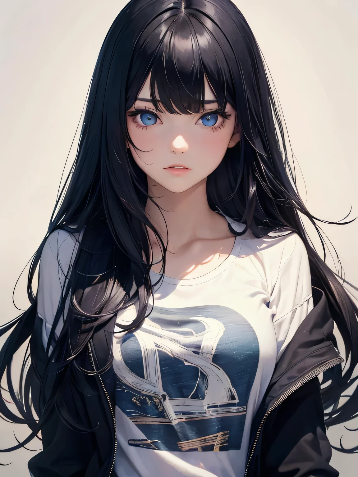 Masterpiece, best quality, high resolution, amazing details, 1 girl, long black hair, bangs, (downturned dark blue eyes), portrait, close-up, looking infront, looking at the camera, fair skin, (plain background), tshirt, jacket