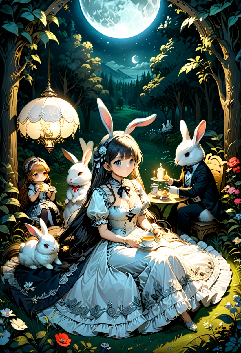 In a forest clearing illuminated by silver moonlight, the rabbit eared girl wears a gorgeous Victorian dress and hosts a dreamy night tea . Animal friends sit around, sharing this peaceful and beautiful time, (masterpiece, best quality, Professional, perfect composition, very aesthetic, absurdres, ultra-detailed, intricate details:1.3)