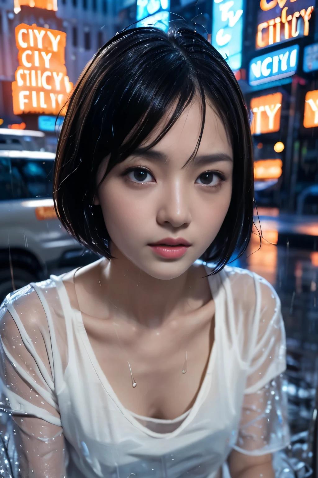 portrait, (extremely detailed CG, Extremely detailed CG, highly detailed wallpaper, RAW photo, highest quality, masterpiece:1.2), (realistic, Photoreal:1.1), (perfect anatomy:1.2), close up of face, Upper body, looking down, natural hands, natural eyes, Super detailed, 1 girl, super cute female student, Japanese, black eye, 16 years old, close your mouth, slim waist, No umbrellas, ((rainy evening:1.6)), ((radio city:1.6)), rainy city, (short hair:1.5), , beautiful and detailed eyes, shining brown hair, boredom, epic and emotional movie lighting