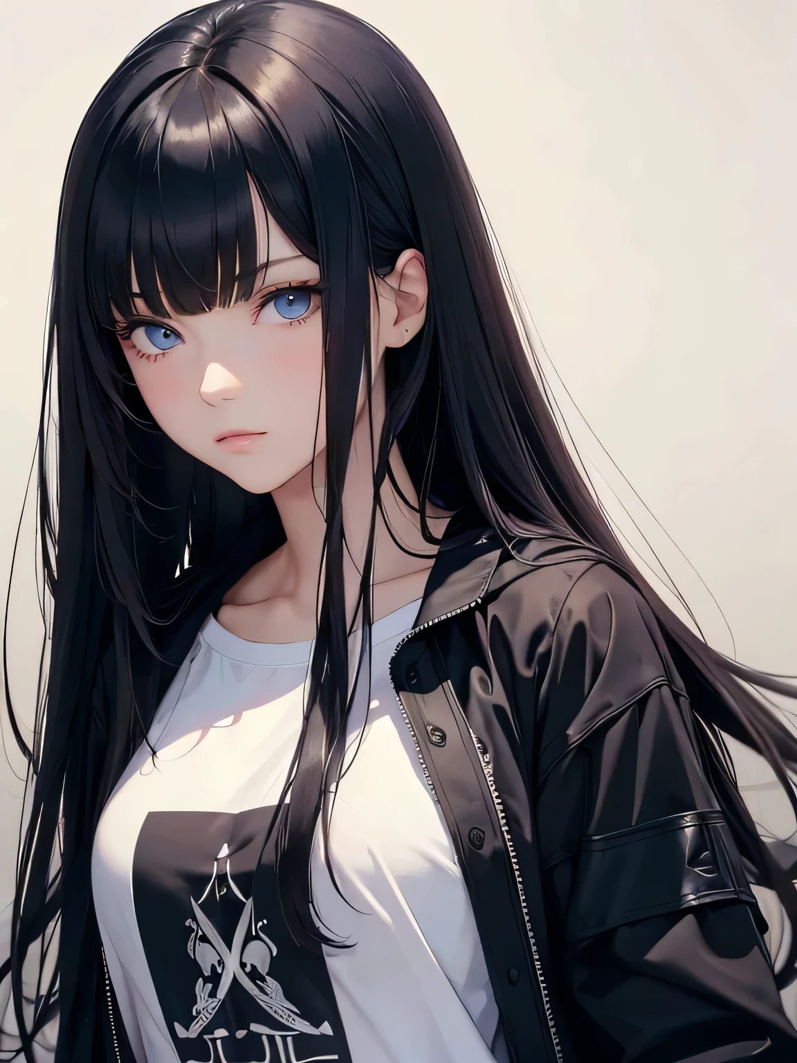 Masterpiece, best quality, high resolution, amazing details, 1 girl, long black hair, bangs, (downturned dark blue eyes), portrait, close-up, looking infront, looking at the camera, fair skin, (plain background), tshirt, jacket