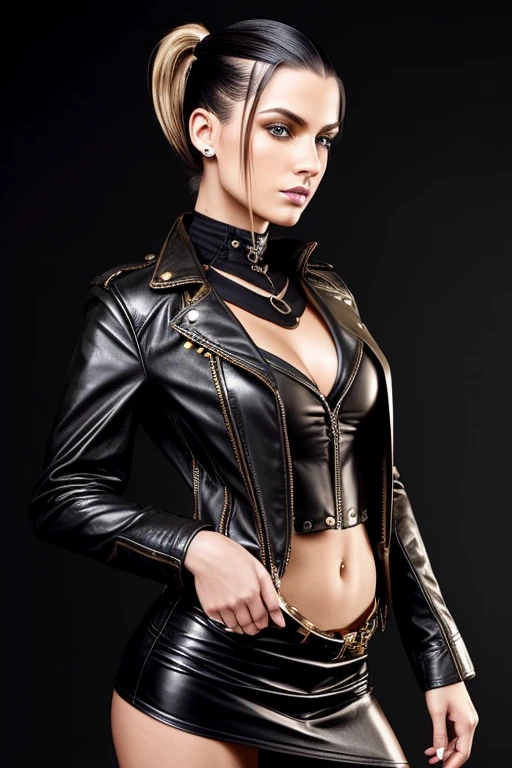 fair skinned girl, blonde short hair, leather jacket, mini skirt, full body shot, hooker, nipple rings, bobcut