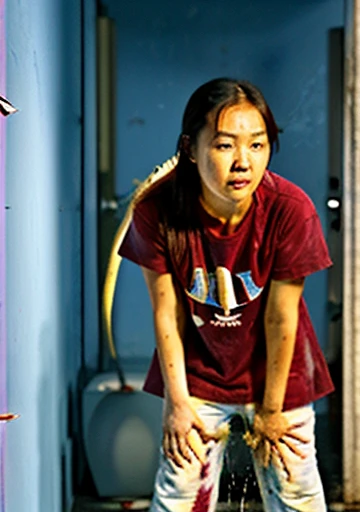 "Girl with vietnam face, 21yo, near the outer door, light blue pajamas, maroon red t-shirt, peeing, (urination:1.5), medium: oil painting, realistic:1.37, best quality, ultra-detailed, studio lighting, vivid colors, physcially-based rendering."