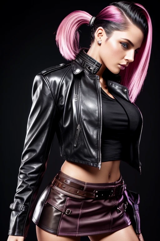 Gorgeous european steampunk woman with very short straight hair in a high ponytail, wet hair, hair slicked back, combed straight back, slick hair, black to pink gradient hair, wearing a leather jacket with nothing underneath and mini skirt, solid dark black background