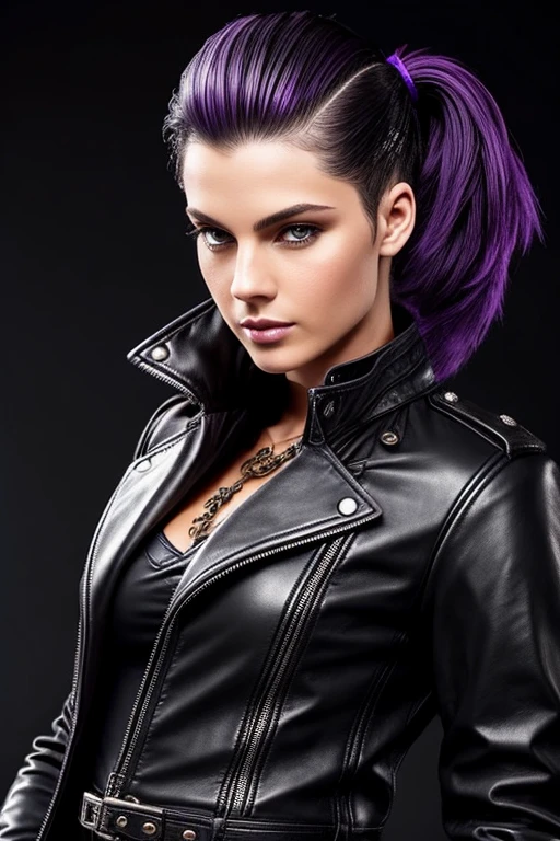 A REALISTIC, full-body image of female Laurence bedard (Age 30) dressed in bondage-gear wearing bondage-harness. Extras: flawless-skin, perfect-eyes, perfect-lips, perfect-anatomy, intricate-details, high-saturation, 35mm-raw-photo, dramatic-poses. She has blue eyes and short purple tinted hair style. And is in a : beach. And : she is posing at a photo-shoot, smiling and looking horny at viewer