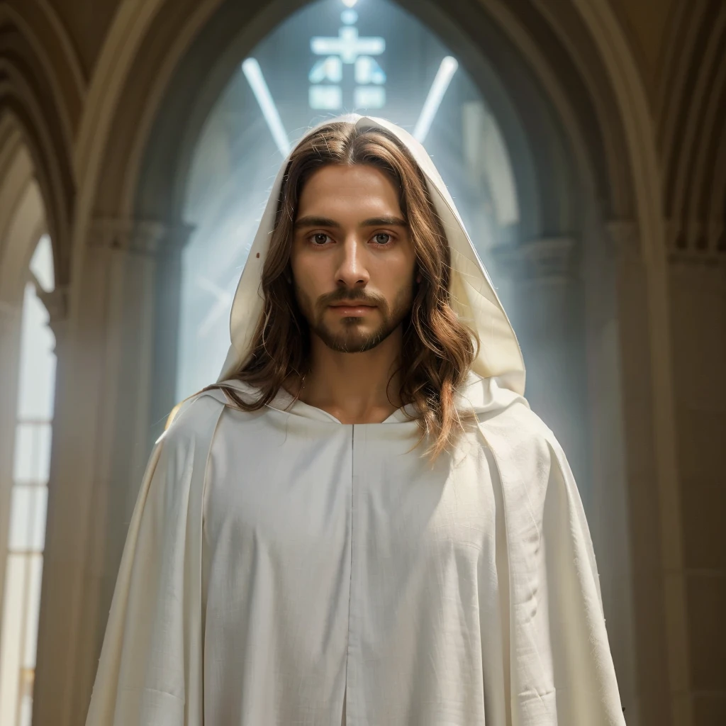 a divine resurrected jesus christ, white robes, white cloak, divine light, glowing, religious, spiritual, ethereal, heavenly, photorealistic, high detail, 4k, ultra-detailed, dramatic lighting, cinematic, masterpiece