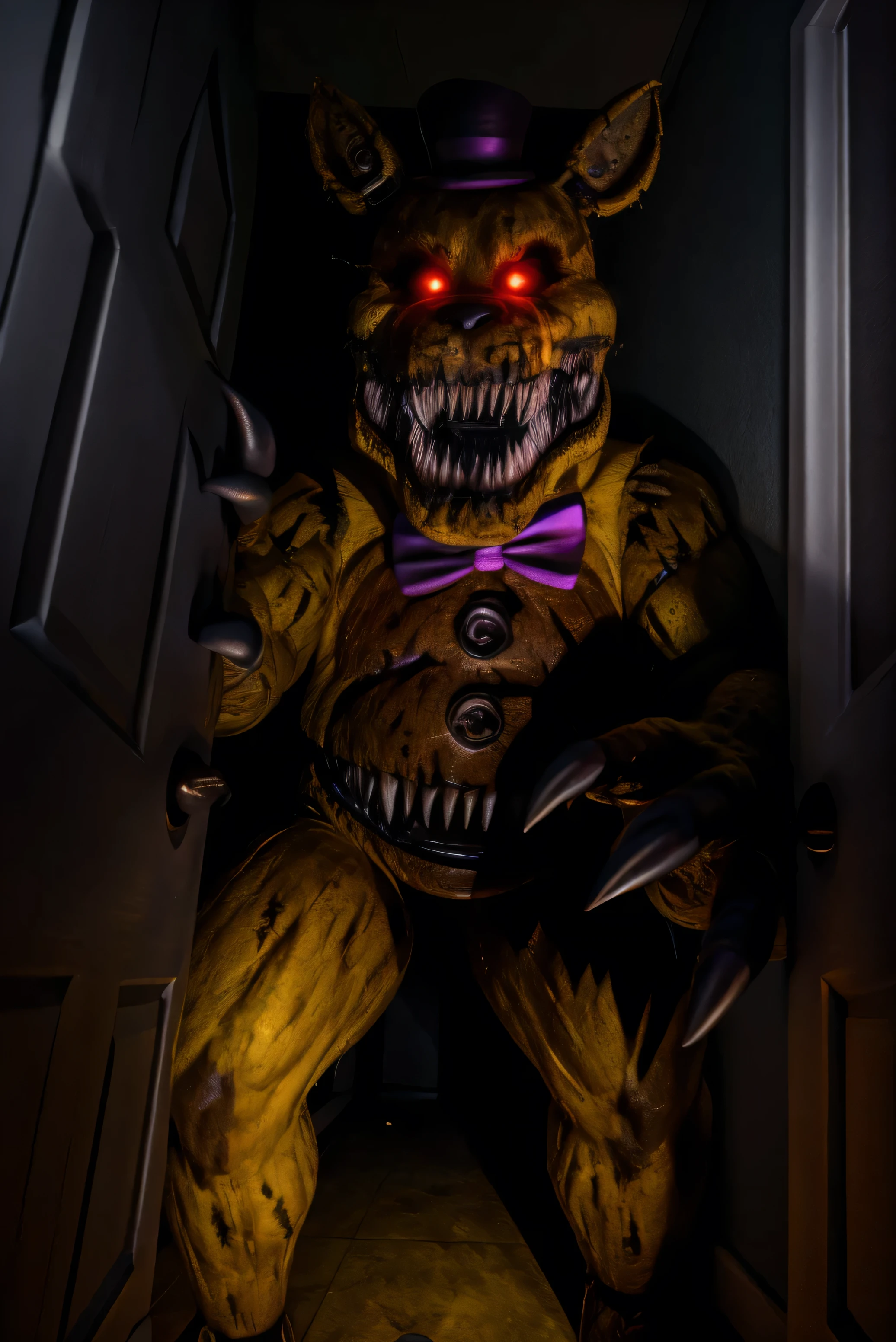 (nightmare), yellow hat, yellow bowtie, black skin, wide jawline, extra mouth, sharp teeth, 4k, hi res, 8k, detailed eyes, 8k eyes, eyes focus, red eyes, ((glowing eyes)), aggressive Red lens flare, bedroom, dresser, lamp, top, no lights, (((pitch black dark room))), flashlight in face pov, (reaching out at viewer), (creeping through door) hand, Masterpiece, ultra detailed, realistic, detailed, full view, ((fully body shown)), nightmare