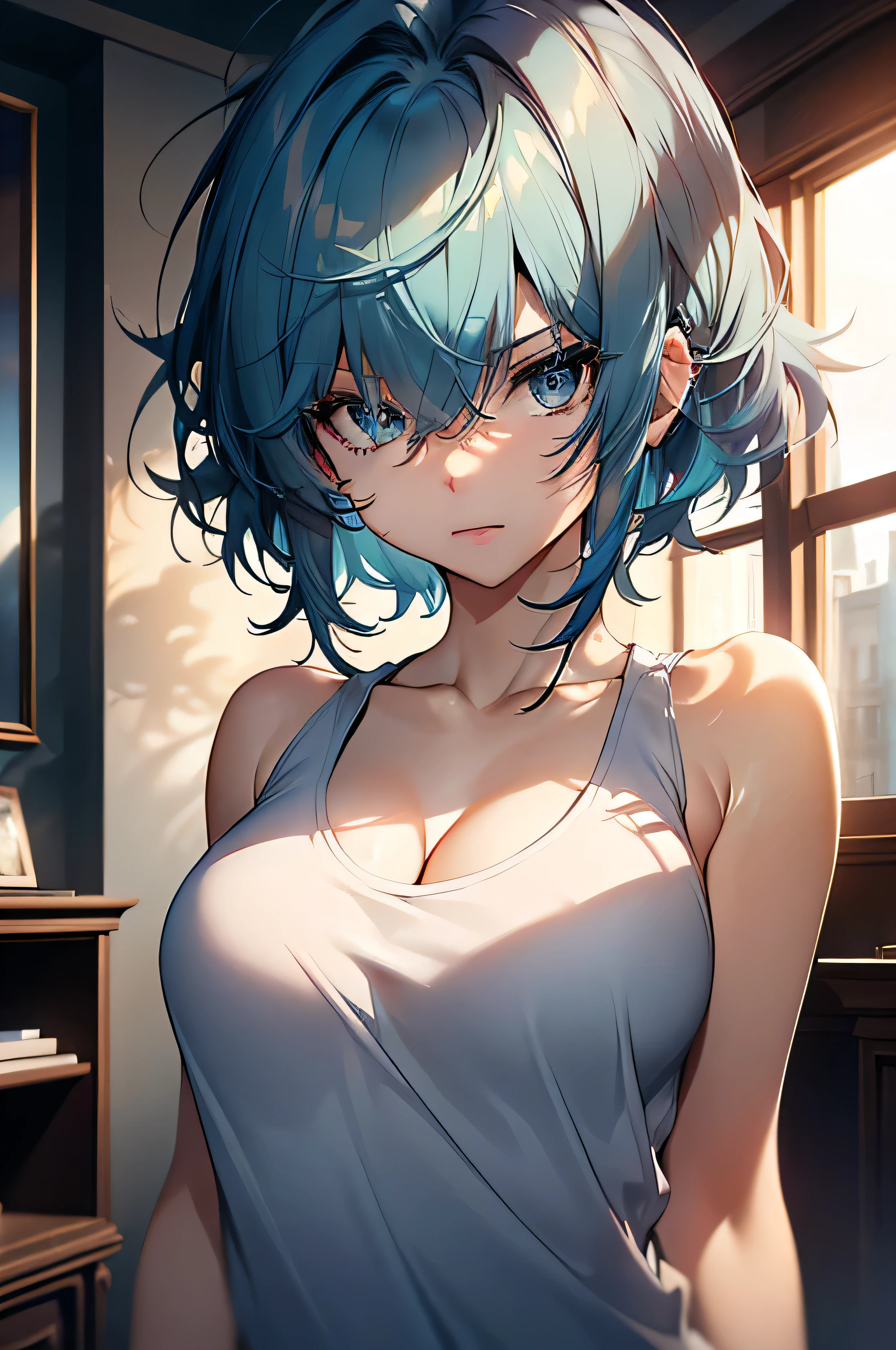 random posture、(((tank top over naked))), mix 4、(In 8K、RAW photo、highest quality、masterpiece:1.2)、short hair, blue hair, ,  beautiful blue haired girl, flowing blue hair, rich blue colors,(background dim bedroom）,one girl、professional lighting、（masterpiece）、（elaborate CG）best quality photos, High resolution, 1080P, (clean face), (Detailed facial description), (detailed description of handasterpiece）、（elaborate CG）、extreme light and shadow、messy hair、master&#39;s work、Rich details、（detailed facial features）、（best quality photoasterpiece）、（detailed eye）、look in front of you、from behind