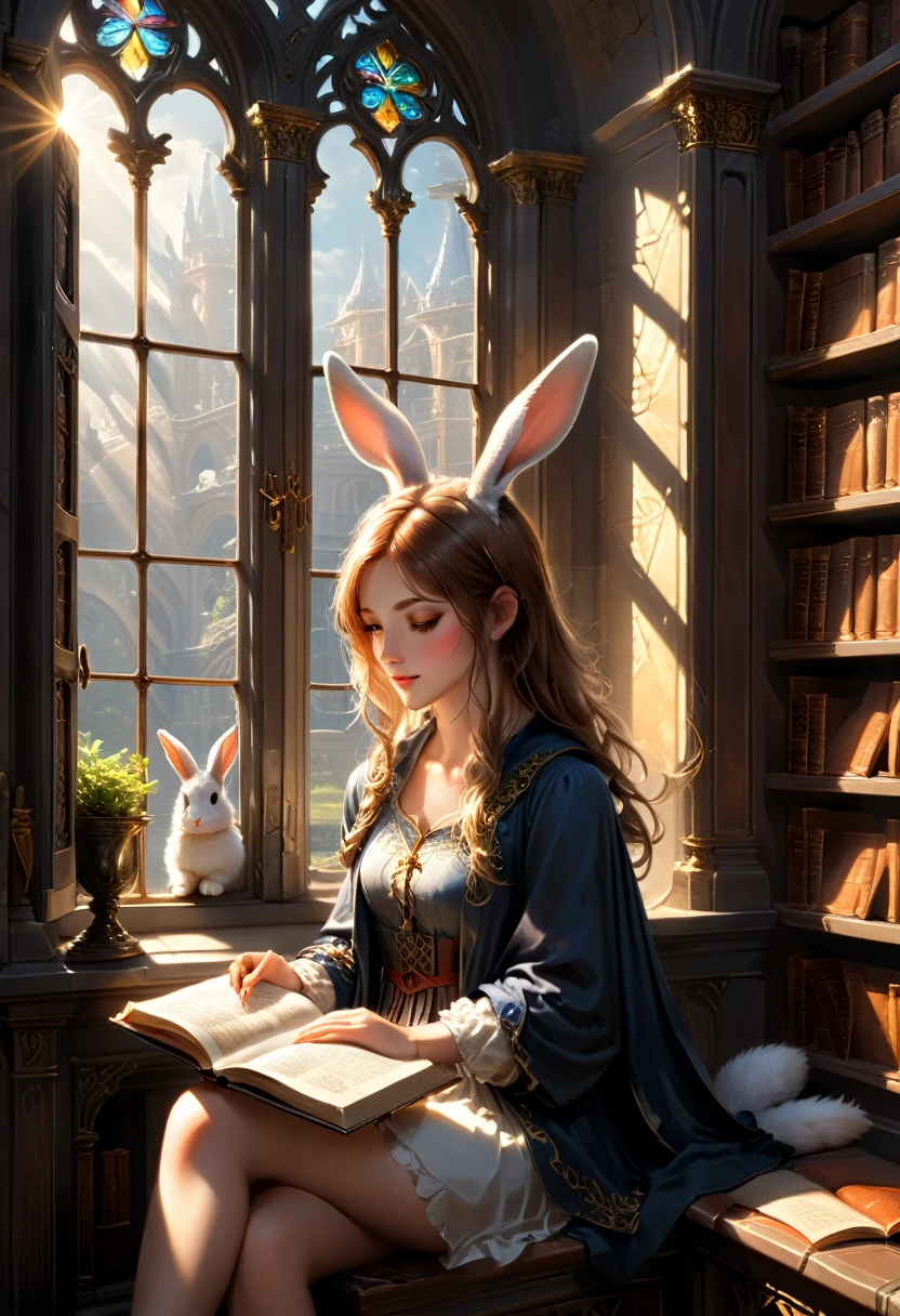 She sat by the high window of the ancient library, with sunlight shining through the window on her focused reading face. Her rabbit ears gently rested on the open pages, occasionally swaying curiously, as if she could hear whispers from the story, (masterpiece, best quality, Professional, perfect composition, very aesthetic, absurdres, ultra-detailed, intricate details:1.3)
