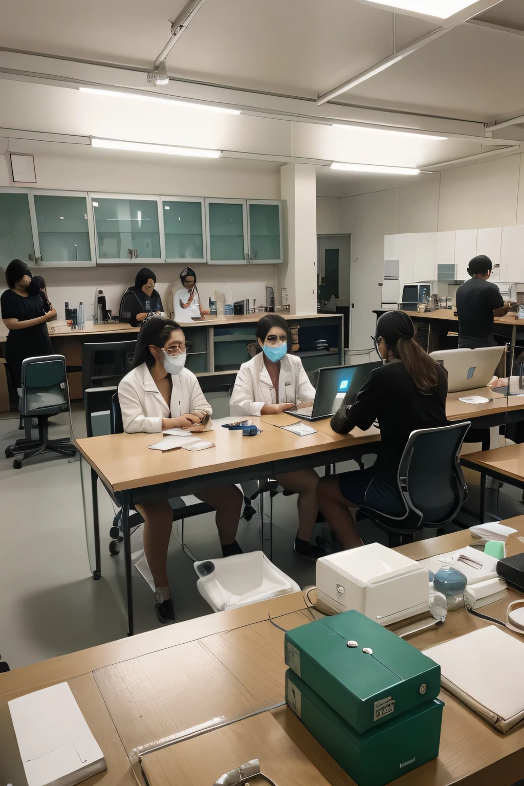 several people sitting around a table with laptops and papers, in laboratory, student, experiment in laboratory, dsrl photo, indoor lab scene, in a lab, diy, in a workshop, experiment, laboratory, semi realism, in pif, lab, in the background, photoshot, full device, scientific study, fanart, potrait, aesthetic shot, busy room