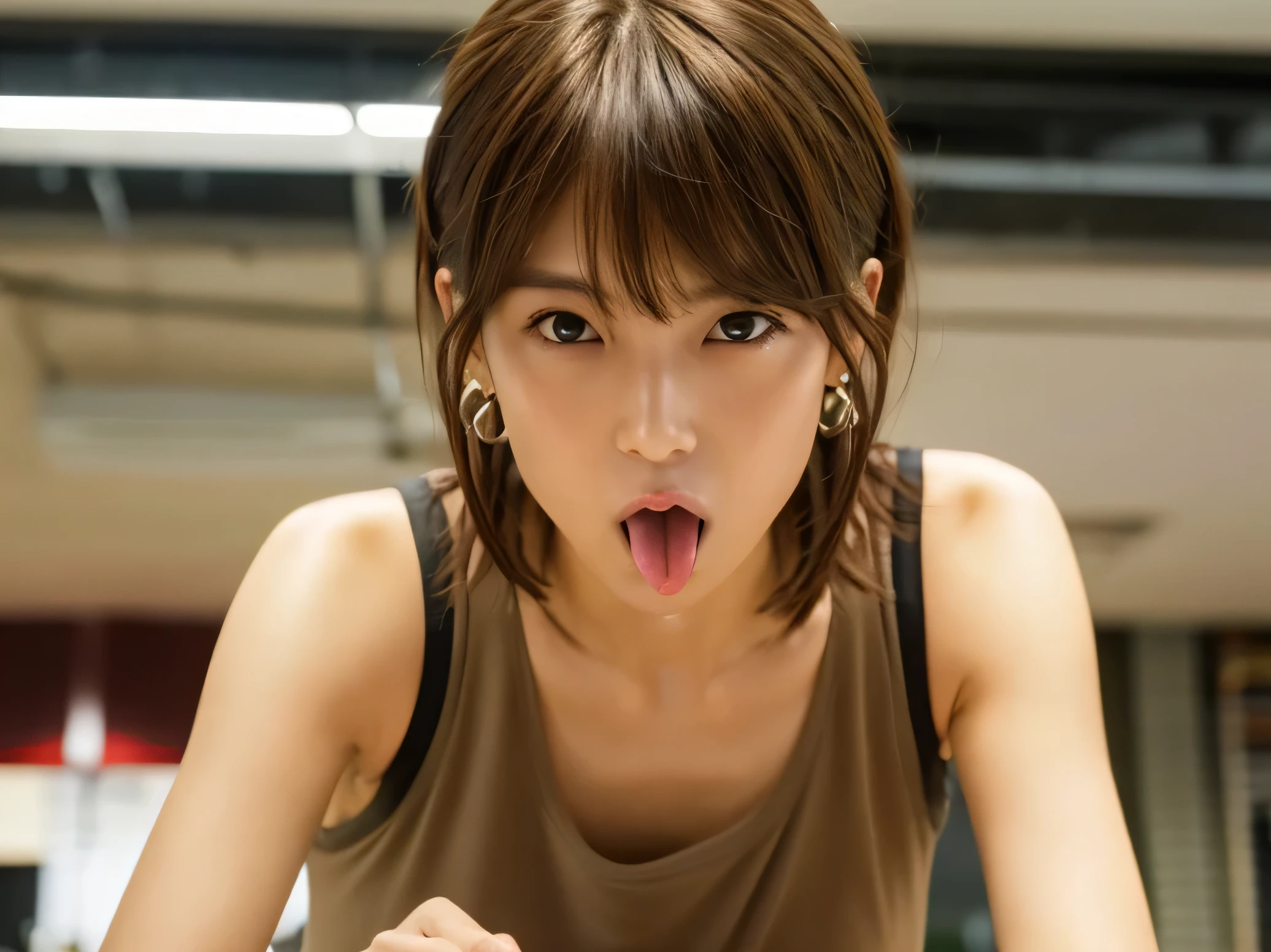Look into the eyes, Eye contact, Front of face, Front face, face, head, Cross-legged, indoor, Brown Hair, bangs, Light clothing, Tank top, Sweat, Sweaty, Sweaty, clavicle, Cross-legged, Light from below, Chest, Earrings, Tongue out