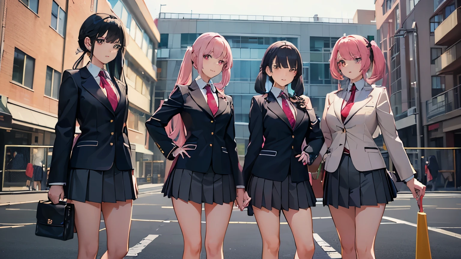 ((Top quality, 4k, 8k, high resolution, masterpiece: 1.2))), (super detailed), (realistic), (photorealistic), (photorealistic: 1.37), (HDR, UHD), (studio (lighting), ultra-fine drawing, sharp focus, physically-based rendering, highly detailed, professional, vibrant colors, group of girls, multiple girls, looking at the viewer, dynamic poses, waving, Smile, high school student, uniform, blazer, skirt, long hair, medium hair, short hair, ponytail hair, twintails, black hair, pink hair, blonde hair, blue hair, green hair, school playground background, school building background,