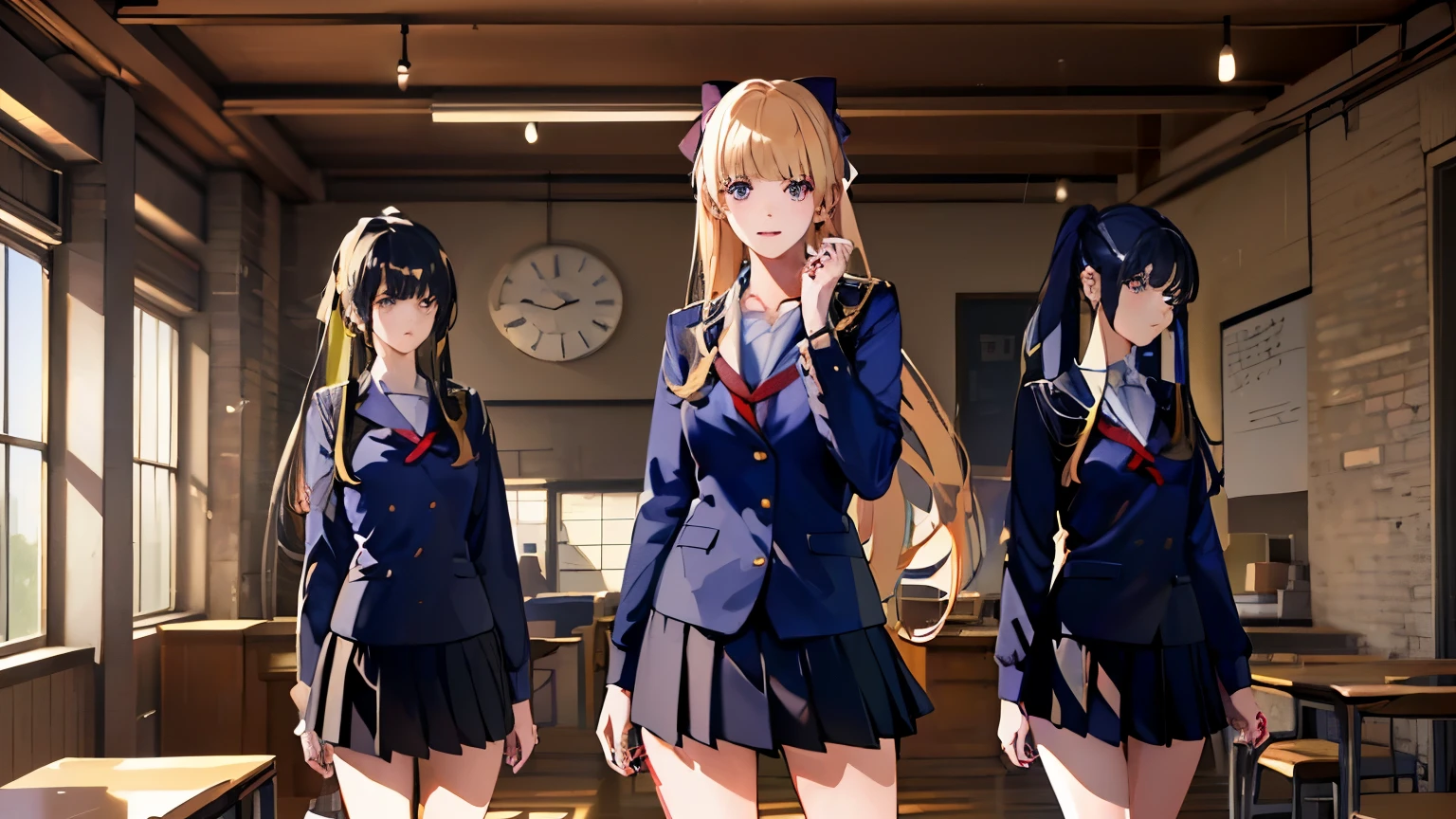 ((Top quality, 4k, 8k, high resolution, masterpiece: 1.2))), (super detailed), (realistic), (photorealistic), (photorealistic: 1.37), (HDR, UHD), (studio (lighting), ultra-fine drawing, sharp focus, physically-based rendering, highly detailed, professional, vibrant colors, group of girls, multiple girls, looking at the viewer, dynamic poses, waving, Smile, all wearing the same clothes, high school student, uniform, blazer, skirt, long hair, medium hair, short hair, ponytail hair, twintails, black hair, pink hair, blonde hair, blue hair, green hair, school playground background, school building background ,