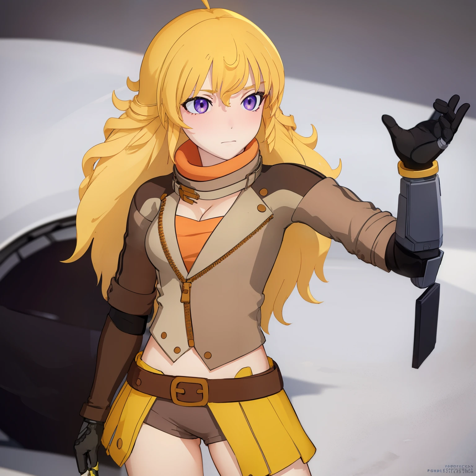 yangxiaolong, yang xiao long, long hair, blonde hair, (purple eyes:1.1), ahoge, bangs,
BREAK cleavage, jacket, belt, mechanical arms, single mechanical arm, prosthesis, prosthetic arm,
BREAK outdoors,
BREAK looking at viewer, (cowboy shot:1.5),
BREAK (masterpiece:1.2), best quality, high resolution, unity 8k wallpaper, (illustration:0.8), (beautiful detailed eyes:1.6), extremely detailed face, perfect lighting, extremely detailed CG, (perfect hands, perfect anatomy),