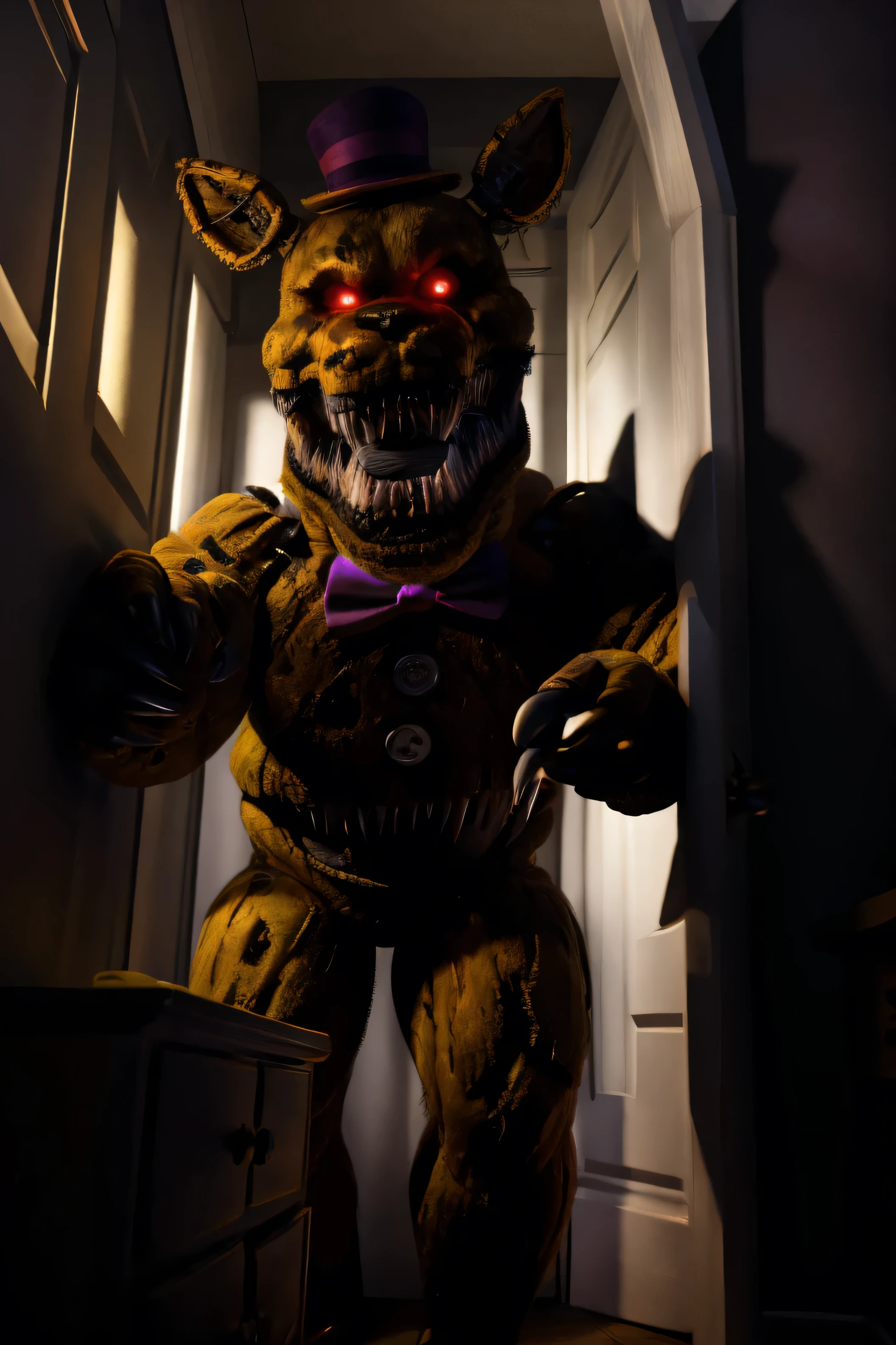 (nightmare), yellow hat, yellow bowtie, black skin, wide jawline, extra mouth, sharp teeth, 4k, hi res, 8k, detailed eyes, 8k eyes, eyes focus, red eyes, ((glowing eyes)), aggressive Red lens flare, bedroom, dresser, lamp, top, no lights, (((pitch black dark room))), flashlight in face pov, (reaching out at viewer), (creeping through door) hand, Masterpiece, ultra detailed, realistic, detailed, full view, ((fully body shown)), nightmare