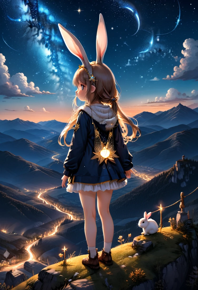 At night, the rabbit eared girl stood on the mountaintop, facing the brilliant starry sky. She closed her eyes and made a wish. Her long ears were adorned with decorations woven with starlight, blending with the night sky, appearing particularly mysterious and charming, (masterpiece, best quality, Professional, perfect composition, very aesthetic, absurdres, ultra-detailed, intricate details:1.3)