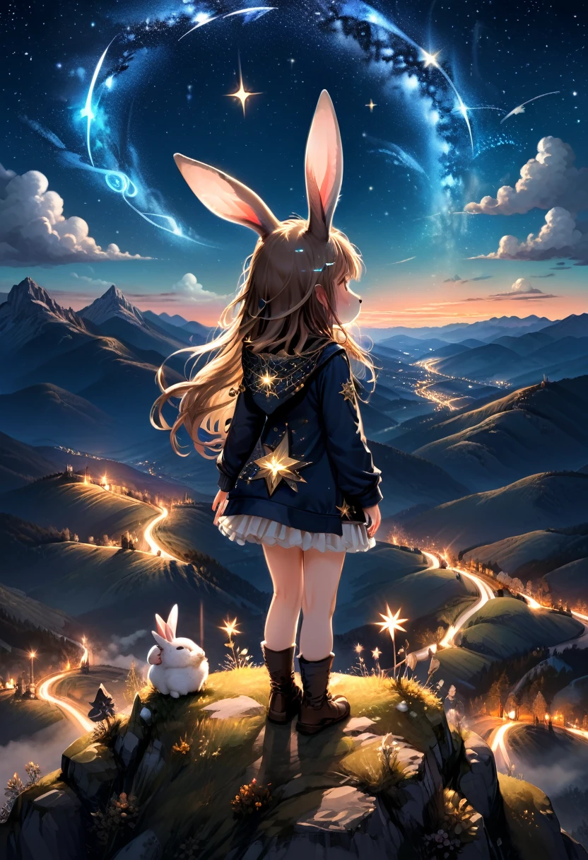 At night, the rabbit eared girl stood on the mountaintop, facing the brilliant starry sky. She closed her eyes and made a wish. Her long ears were adorned with decorations woven with starlight, blending with the night sky, appearing particularly mysterious and charming, (masterpiece, best quality, Professional, perfect composition, very aesthetic, absurdres, ultra-detailed, intricate details:1.3)