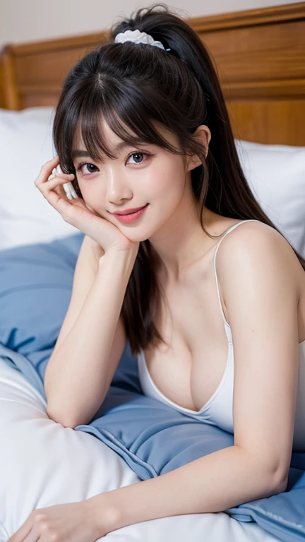 (realistic), (masterpiece), (best quality), (perfect anatomy), (4k hdr), (wide angle), Japanese girl, white skin, round eyes, pretty face, cute face, long triangle face, long ponytail hair with bangs, pink lips, smiling, very big breasts, wearing blue formal suit with white shirt inside, lying on mattress, head on pillow, from above, full body, morning, shadow