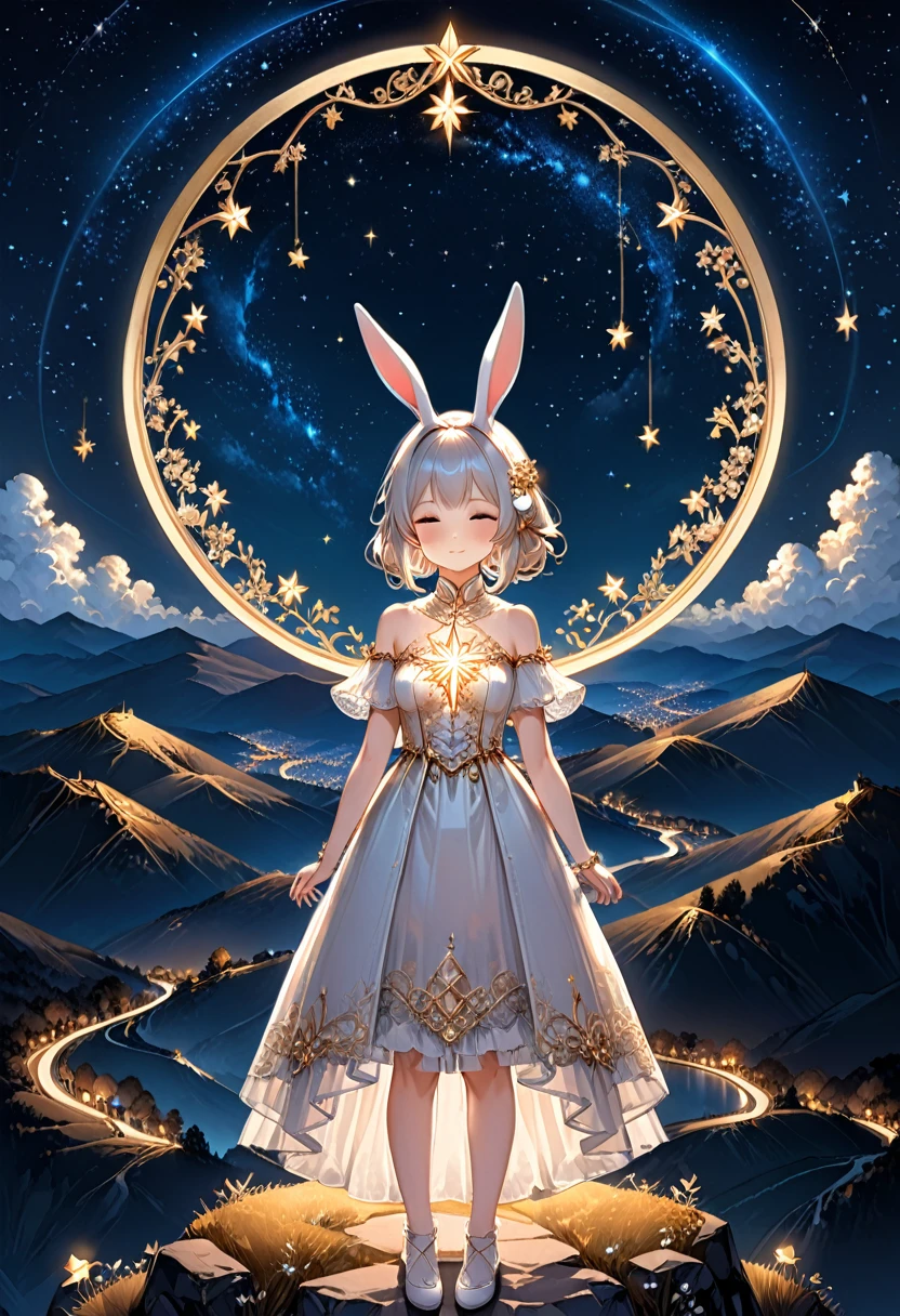 At night, the rabbit eared girl stood on the mountaintop, facing the brilliant starry sky. She closed her eyes and made a wish. Her long ears were adorned with decorations woven with starlight, blending with the night sky, appearing particularly mysterious and charming, (masterpiece, best quality, Professional, perfect composition, very aesthetic, absurdres, ultra-detailed, intricate details:1.3)