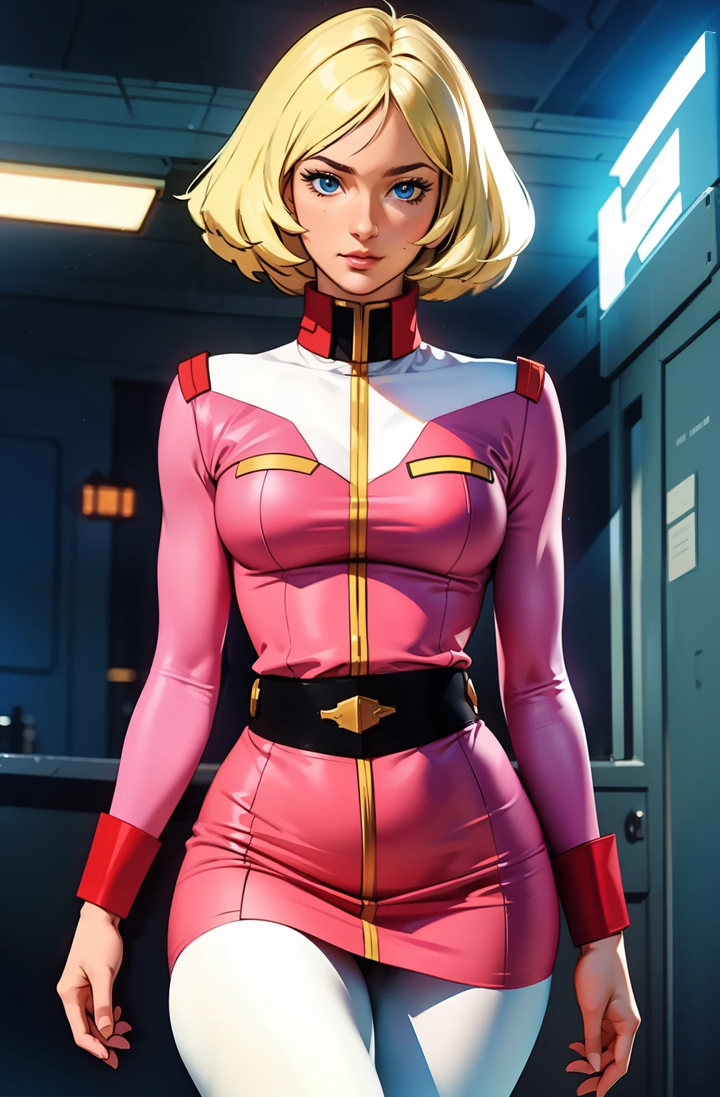 ((masterpiece)), ((cinematic lighting)), realistic photo、Real Images、Top image quality、1girl in, sayla mass, Elegant, masterpiece, Convoluted, slim arms, wide hips, thick thighs, thigh gaps, Best Quality, absurderes, high face detail, Perfect eyes, mature, Cowboy Shot, , Vibrant colors, soft pink uniform, soft pink Skirt, white tights