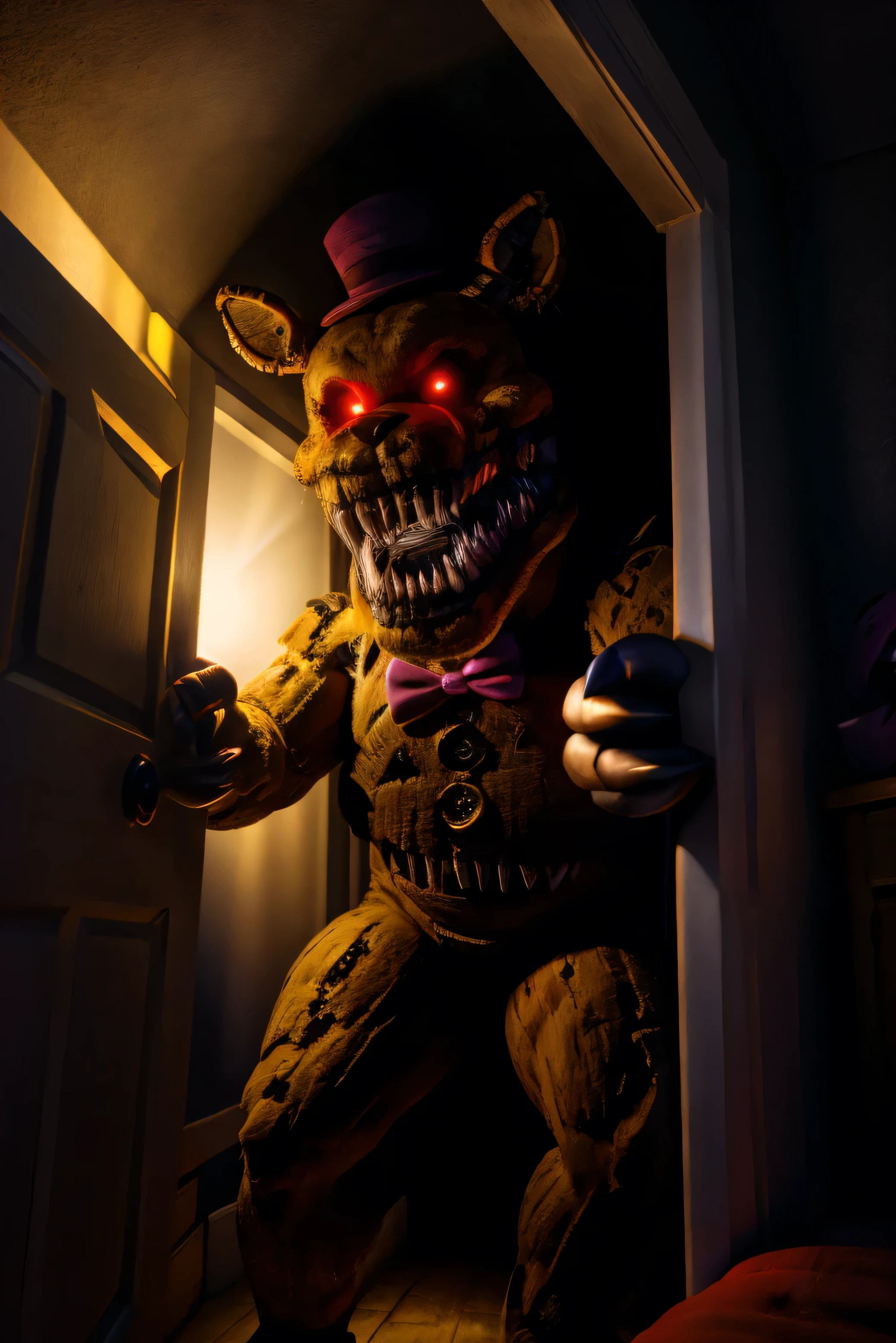 (nightmare), yellow hat, yellow bowtie, black skin, wide jawline, extra mouth, sharp teeth, 4k, hi res, 8k, detailed eyes, 8k eyes, eyes focus, red eyes, ((glowing eyes)), aggressive Red lens flare, bedroom, dresser, lamp, top, no lights, (((pitch black dark room))), flashlight in face pov, (reaching out at viewer), (creeping through door) hand, Masterpiece, ultra detailed, realistic, detailed, full view, ((fully body shown)), nightmare