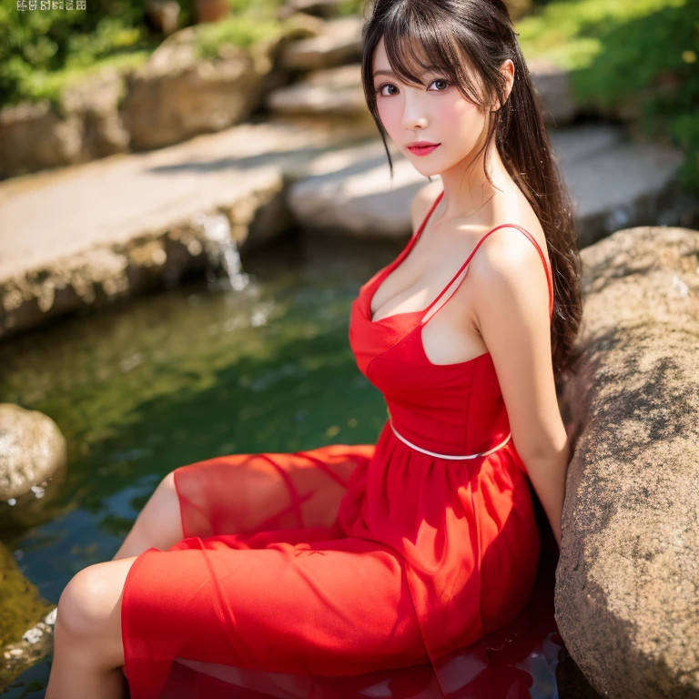 Asian woman in a red dress sitting in a stream, open legs,Big, bouncy breasts,) Yoshitomo Nara, beautiful Asian girl, Gorgeous Chinese model, Japanese model, Sakimi-chan, Ravier, the dazzling young idol, Asian girl, Japanese goddess, traditional beauty, Hot with bright sunlight, cute gravure idol girl, Thai anime girl, Chinese girl 8k images, Shot with a high quality Fuji 45 camera.,000,000 pixels, The light was warm and the evening sun was shining brightly.., realistic light colors,)