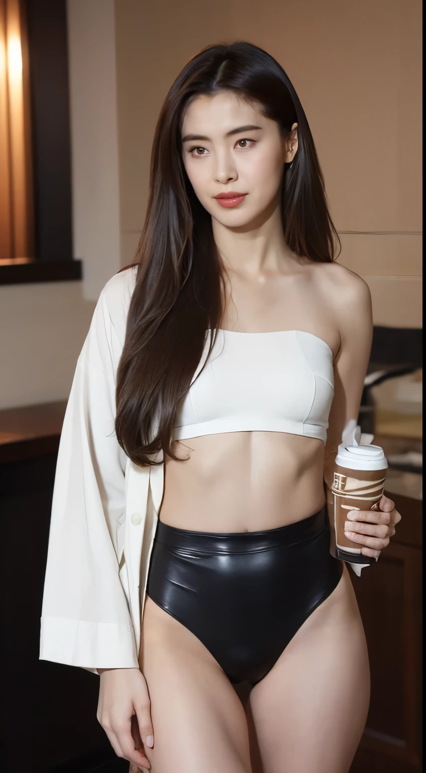 ((morning, highest quality, 8k)), whole body, Long legs, Beautiful woman with perfect figure, Slim Abs, ((Dark brown hair, Medium chest)), ( フルヌードボディーのwhole bodyショット), ((coffee shop)), Highly detailed face and skin texture, Fine grain