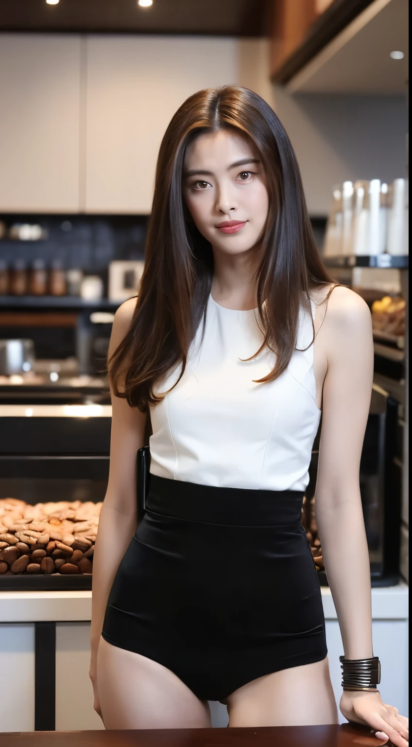 ((morning, highest quality, 8k)), whole body, Long legs, Beautiful woman with perfect figure, Slim Abs, ((Dark brown hair, Medium chest)), ( フルヌードボディーのwhole bodyショット), ((coffee shop)), Highly detailed face and skin texture, Fine grain