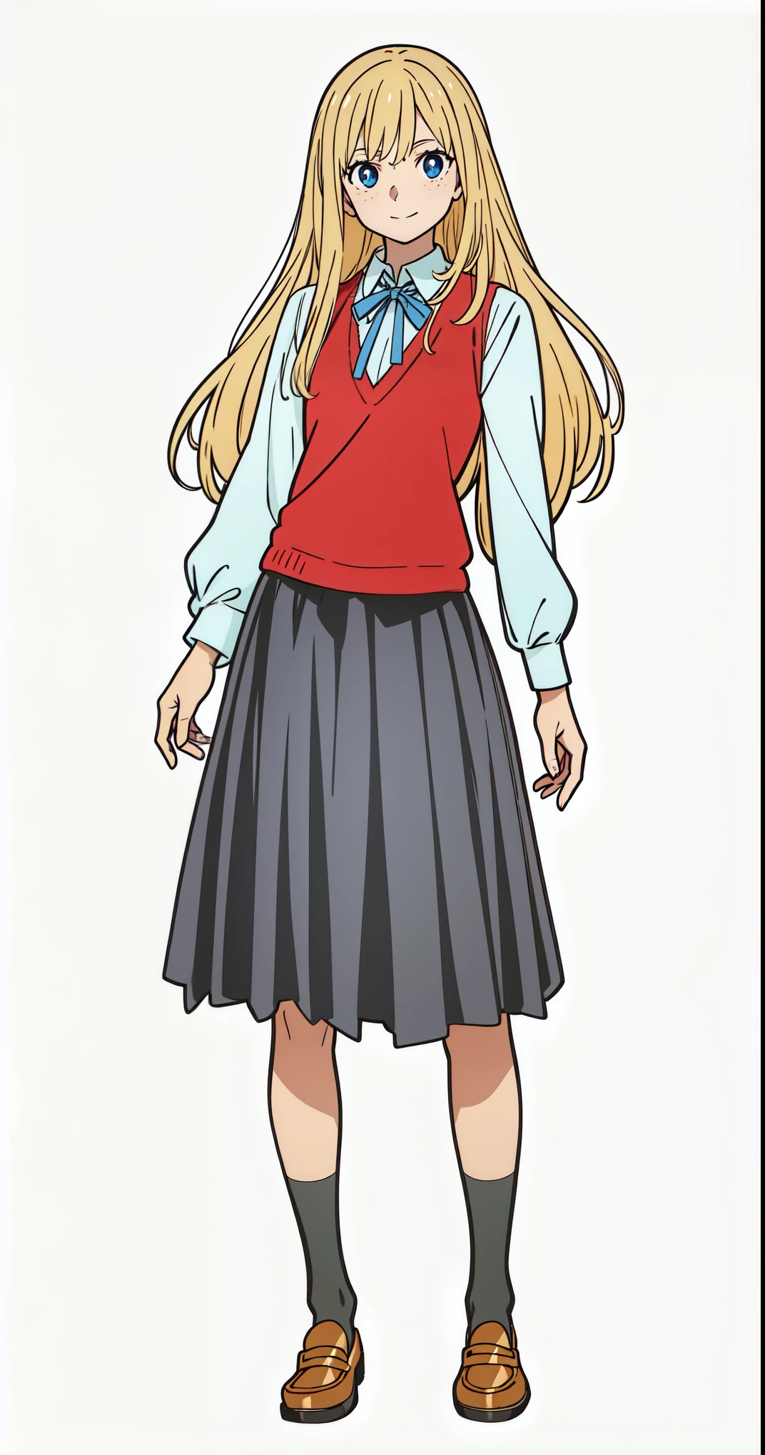 (best quality:1.0), (masterpiece:1.0), (super fine illustration:1.0), (beautiful artwork:1.0), (anime screencap:1.0), (official art:1.0), (european:1.0), (cheerful:1.0), (white background:1.0), (best quality:1.0), (masterpiece:1.0), (super fine illustration:1.0), (beautiful artwork:1.0), (anime screencap:1.0), (official art:1.0), (solo:1.0), (european:1.0), (a 18yo cute girl:1.0), (long skirt:1.0), (black skirt:1.0), (pleated skirt:1.0), (red knit vest:1.0), (white long sleeve collared shirt:1.0), (blue neck ribbon:1.0), (loafers:1.0), (black socks:1.0), (ideal ratio body proportions:1.0), (lanky:1.0), (tall:1.0), (slender:1.0), (small breasts:1.0), (smaller face:1.0), (tareme:1.0), (freckles:1.0), (detailed beautiful eyes:1.0), (detailed beautiful face:1.0), (glowing blue eyes:1.0), (long hair:1.0), (swept bangs:1.0), (blonde hair:1.0), (standing:1.0), (looking at viewer:1.0)