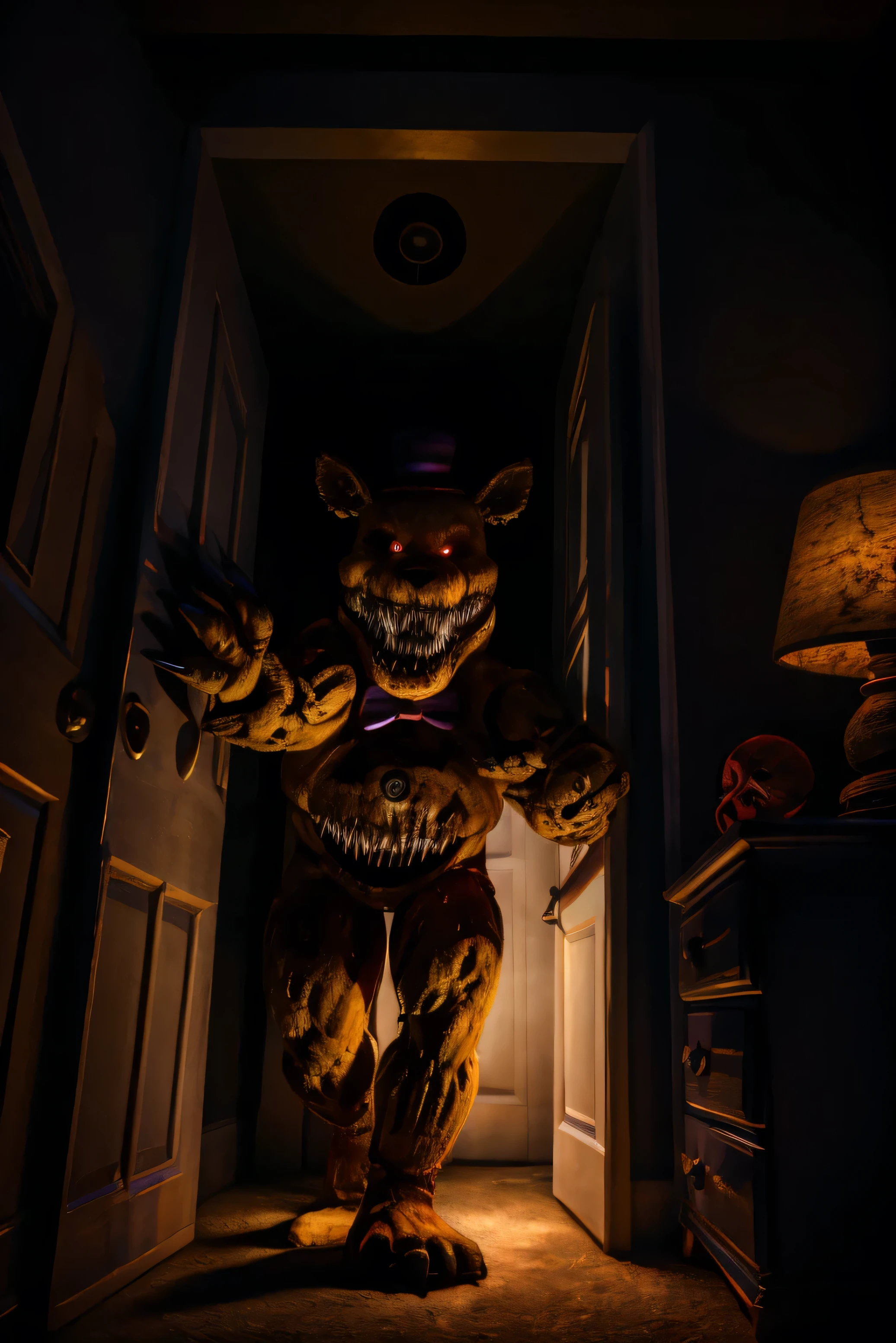 (nightmare), yellow hat, yellow bowtie, black skin, wide jawline, extra mouth, sharp teeth, 4k, hi res, 8k, detailed eyes, 8k eyes, eyes focus, red eyes, ((glowing eyes)), aggressive Red lens flare, bedroom, dresser, lamp, top, no lights, (((pitch black dark room))), flashlight in face pov, (reaching out at viewer), (creeping through door) hand, Masterpiece, ultra detailed, realistic, detailed, full view, ((fully body shown)), nightmare