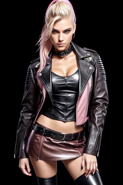 ( RAW style, ultra high resolution, ultra realistic, photo realistic: 1.4, UHD, 8K, masterpiece, best quality ), perfect hand, detailed finger, Highly detailed face and skin texture, Detailed eyes, Double eyelids, 1 girl , a solo girl 20 year old, with her attractive blue eyes and ( pink eye brows ) , ((with pink short hair)) , Sexy pink lips, big , cleavage, sagging breast, long legs, ( wearing pink bikini and black leather jacket, ( with black mini skirt an stokings ) , lace-up high heels, Wearing expensive dimond necklaces and earrings, shinny skin, perfect body, full body shot , very gorgeous lady, face light, cinematic lighting.