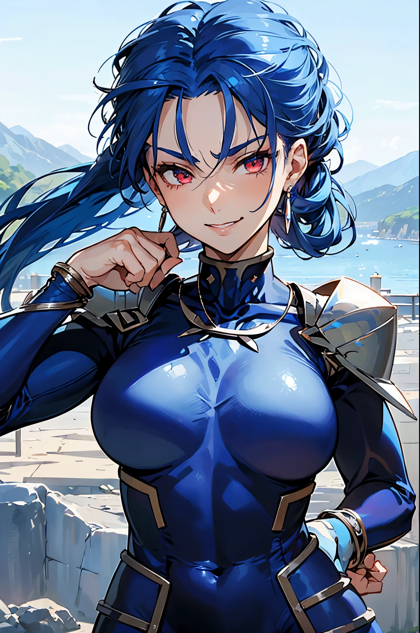 (masterpiece, best quality:1.2), expressive eyes, perfect face, highres, 1girl, solo, (female:1.5), cu chulainn - lancer (fate), blue hair, long hair, spiked hair, low ponytail, red eyes, (blue bodysuit:1.5), bracelet, earrings, jewelry,  necklace, shoulder armor, landscape, smirk, standing, upper body, looking at the viewer