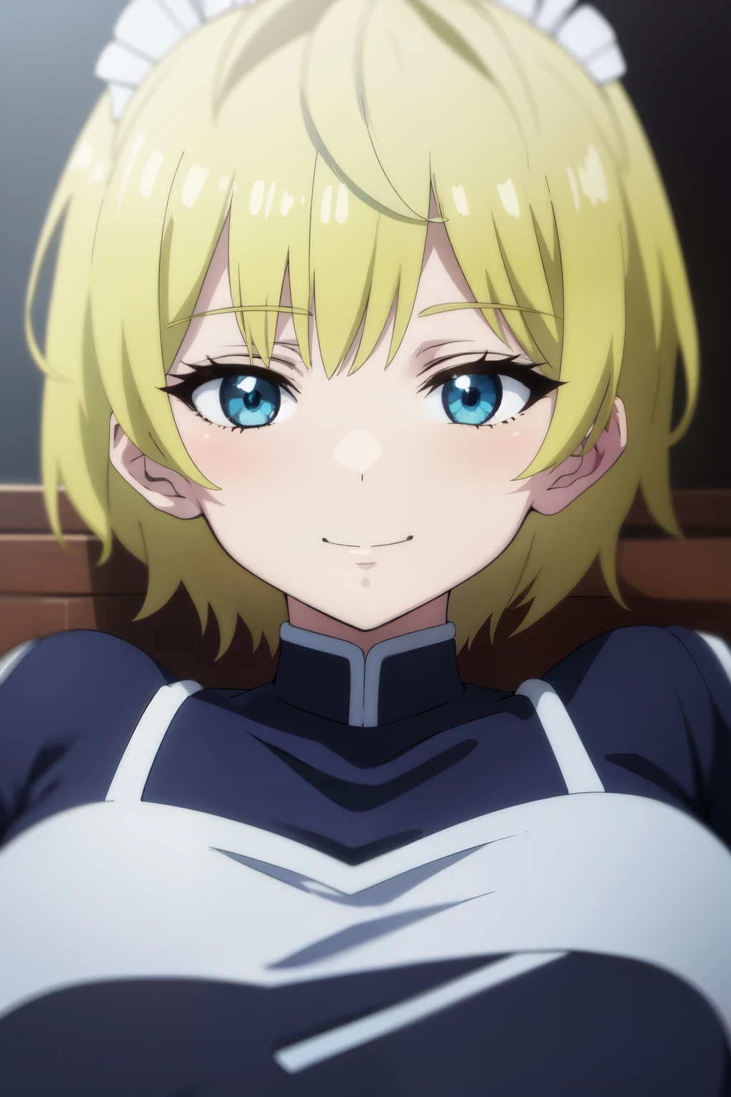 Anime background art, bottom of room, one bed, lying on a bed, beautiful anime scenes, 4K anime art wallpaper, 4k anime art wallpaper, Rosla global illumination, anime girl, best quality, detailed, 1 girl, 1 man, alone, same as LORA, same as lora, closed mouth, smile, blonde hair, very short hair, defined eyes, blue eyes, looking at viewer, perfect face, perfect eyes, big tits, maid costume.