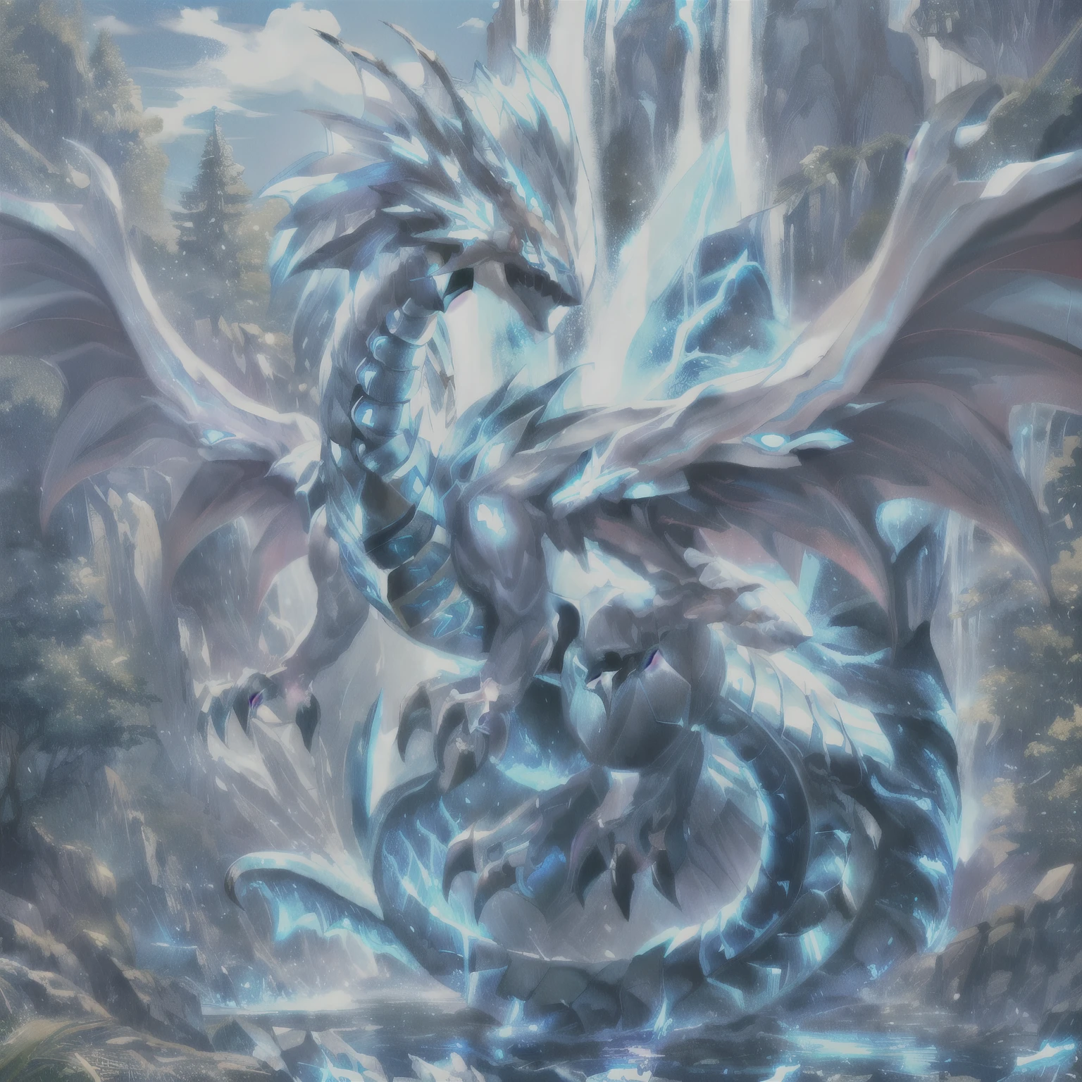 a white dragon with blue wings flies over a waterfall, blue eyes white dragon, Dragon legendario, Water dragon, Dragon de Cristal, blue scale dragon, blue dragon, Frost Dragon, dragon art, epic dragon, colossal dragon as background., wyvern, dragon, anthro dragon art, soft draconic traits, mythical creature, Dra the Dragon, Dragonlike, phoenix dragon