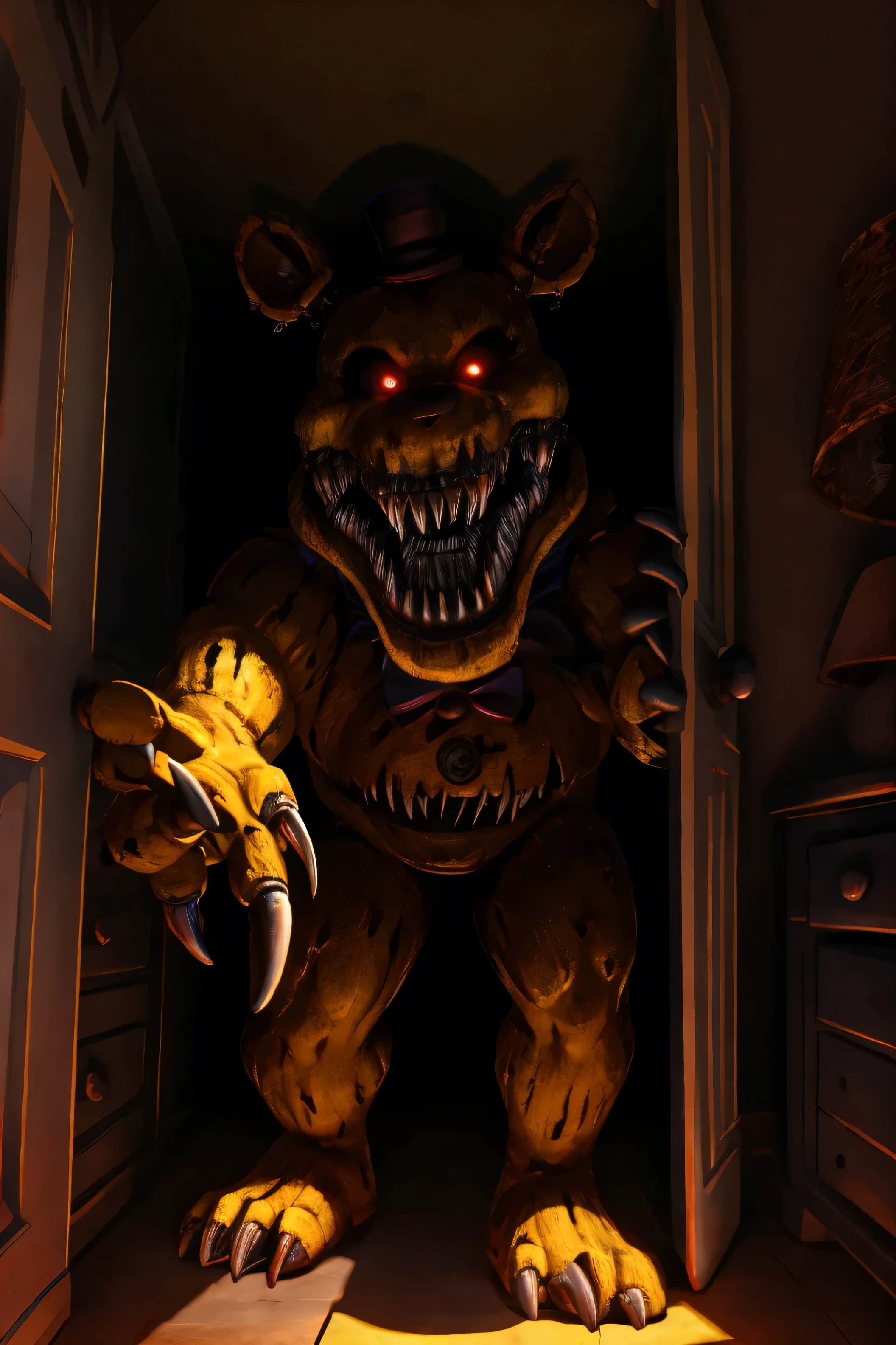 (nightmare), yellow hat, yellow bowtie, black skin, wide jawline, extra mouth, sharp teeth, 4k, hi res, 8k, detailed eyes, 8k eyes, eyes focus, red eyes, ((glowing eyes)), aggressive Red lens flare, bedroom, dresser, lamp, top, no lights, (((pitch black dark room))), flashlight in face pov, (reaching out at viewer), (creeping through door) hand, Masterpiece, ultra detailed, realistic, detailed, full view, ((fully body shown)), nightmare