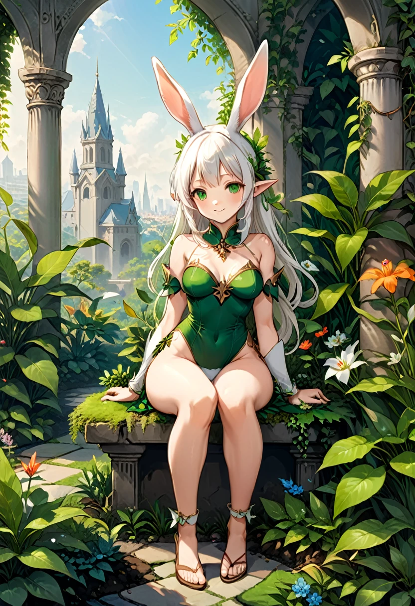 In a secret garden hidden on the edge of the city, the rabbit eared girl serves as the guardian elf of the garden, carefully taking care of each plant. Her ears seem to sense the joy and needs of the plants, (masterpiece, best quality, Professional, perfect composition, very aesthetic, absurdres, ultra-detailed, intricate details:1.3)