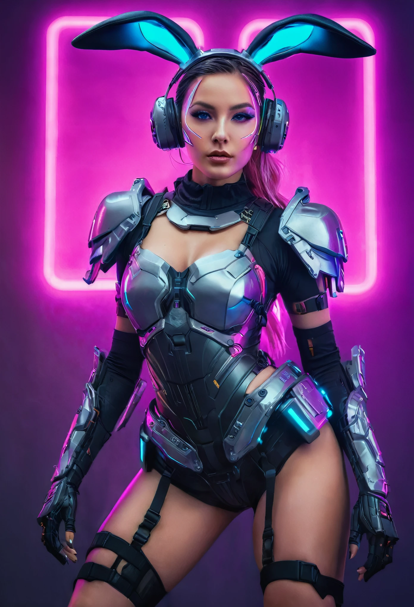 cyberpunk full body armor, cyberpunk styled women, wearing bunny ears cybernatic,large cybernatic bunny ears, legs,  detailed facial features, gorgeous eyes and lips, fantasy, highly detailed, 8k, photorealistic, studio lighting, vibrant colors, dynamic compositionlarge